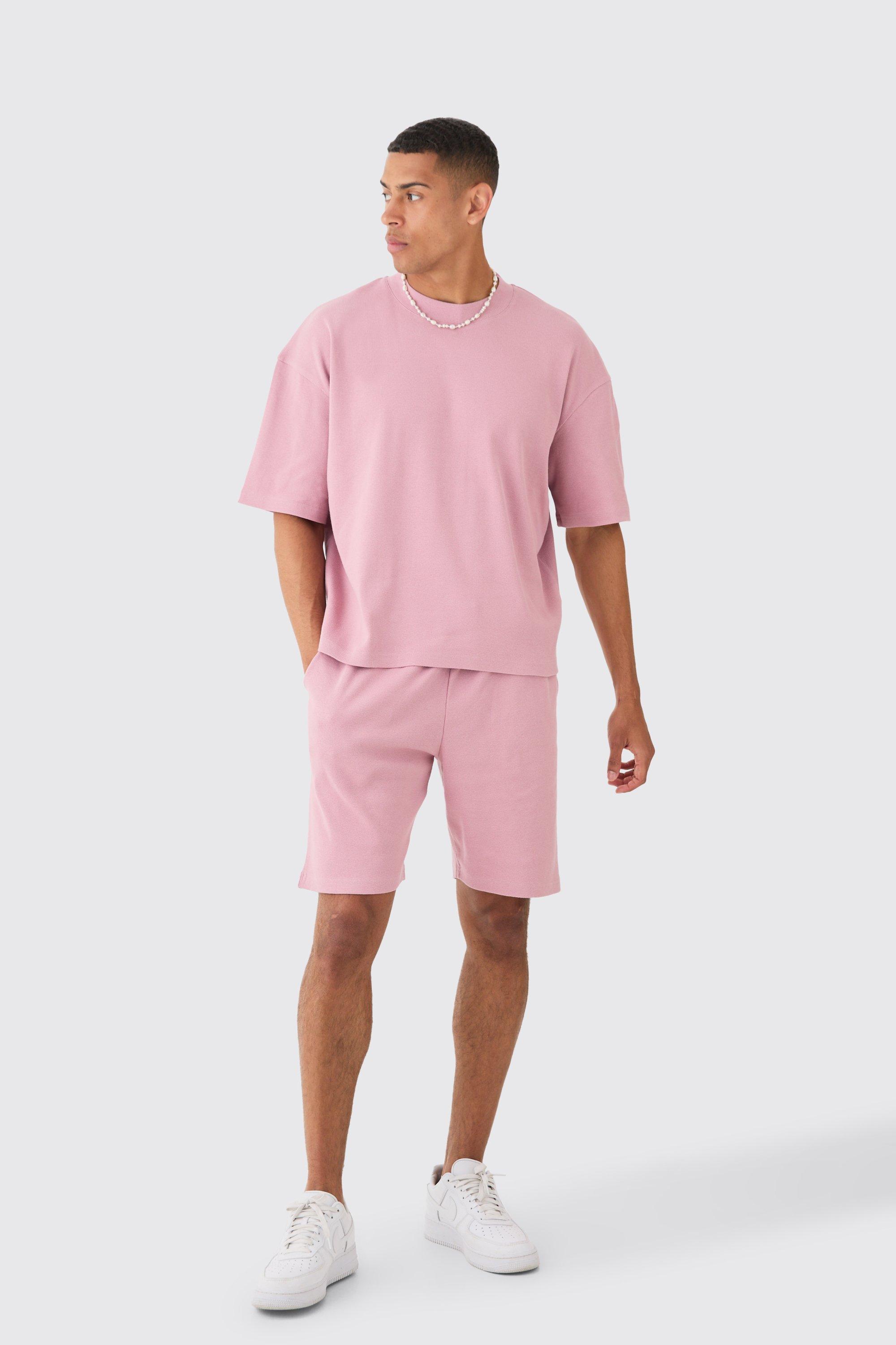 Image of Oversized Boxy Heavyweight Ribbed T-shirt & Shorts, Pink