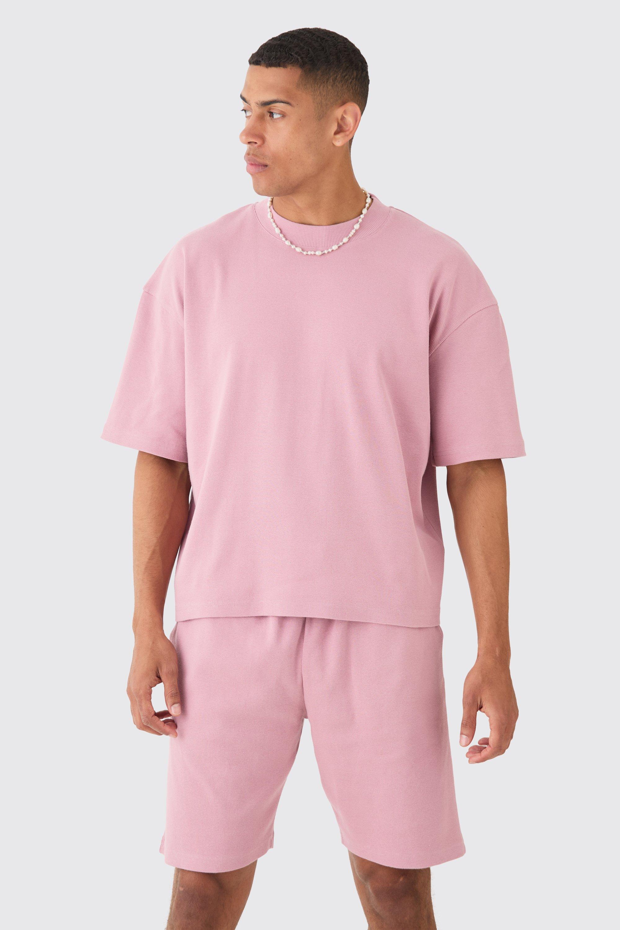 Mens Pink Oversized Boxy Heavyweight Ribbed T-shirt & Shorts Set, Pink