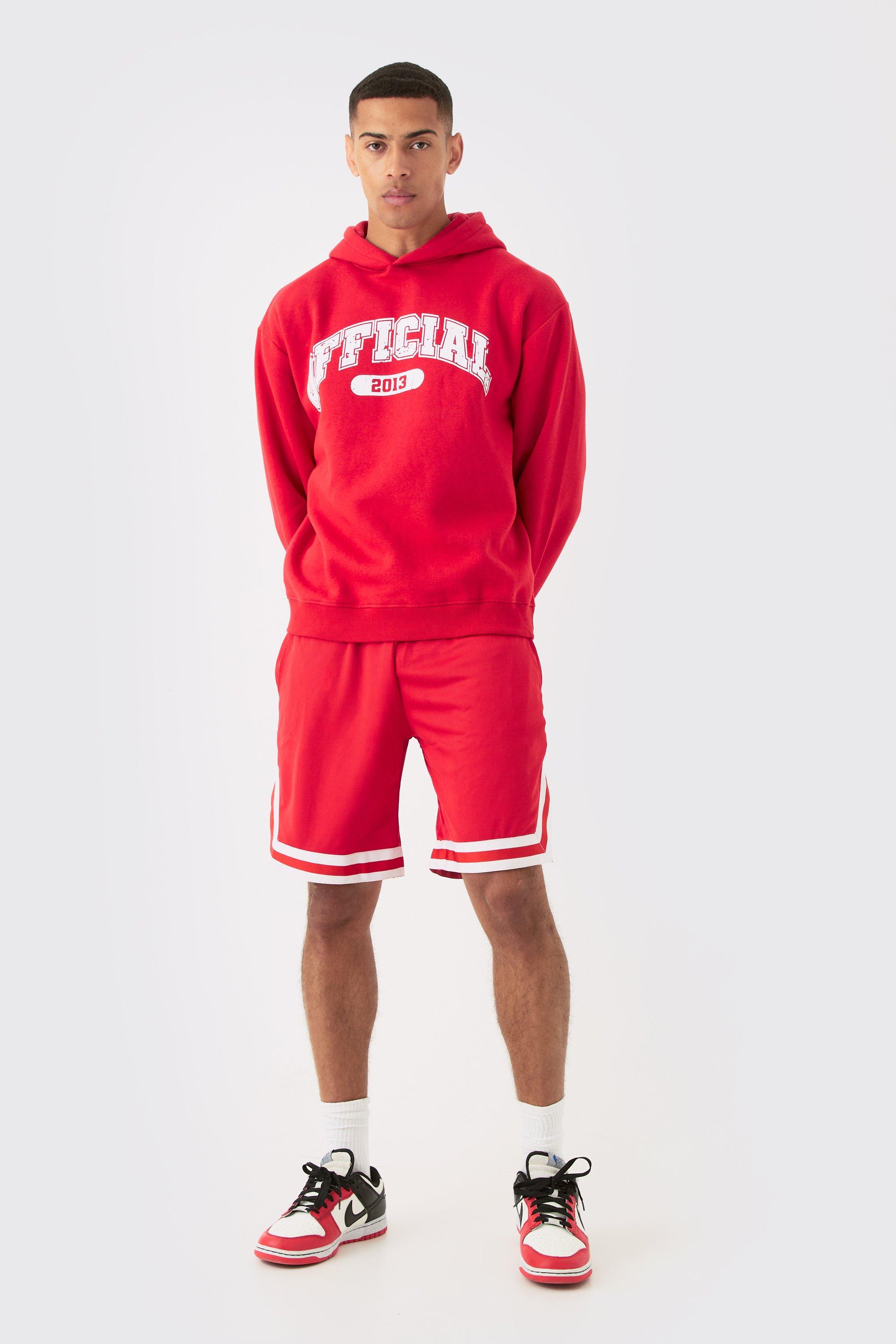 Image of Oversized Official Varsity Hoodie And Basketball Short Tracksuit, Rosso