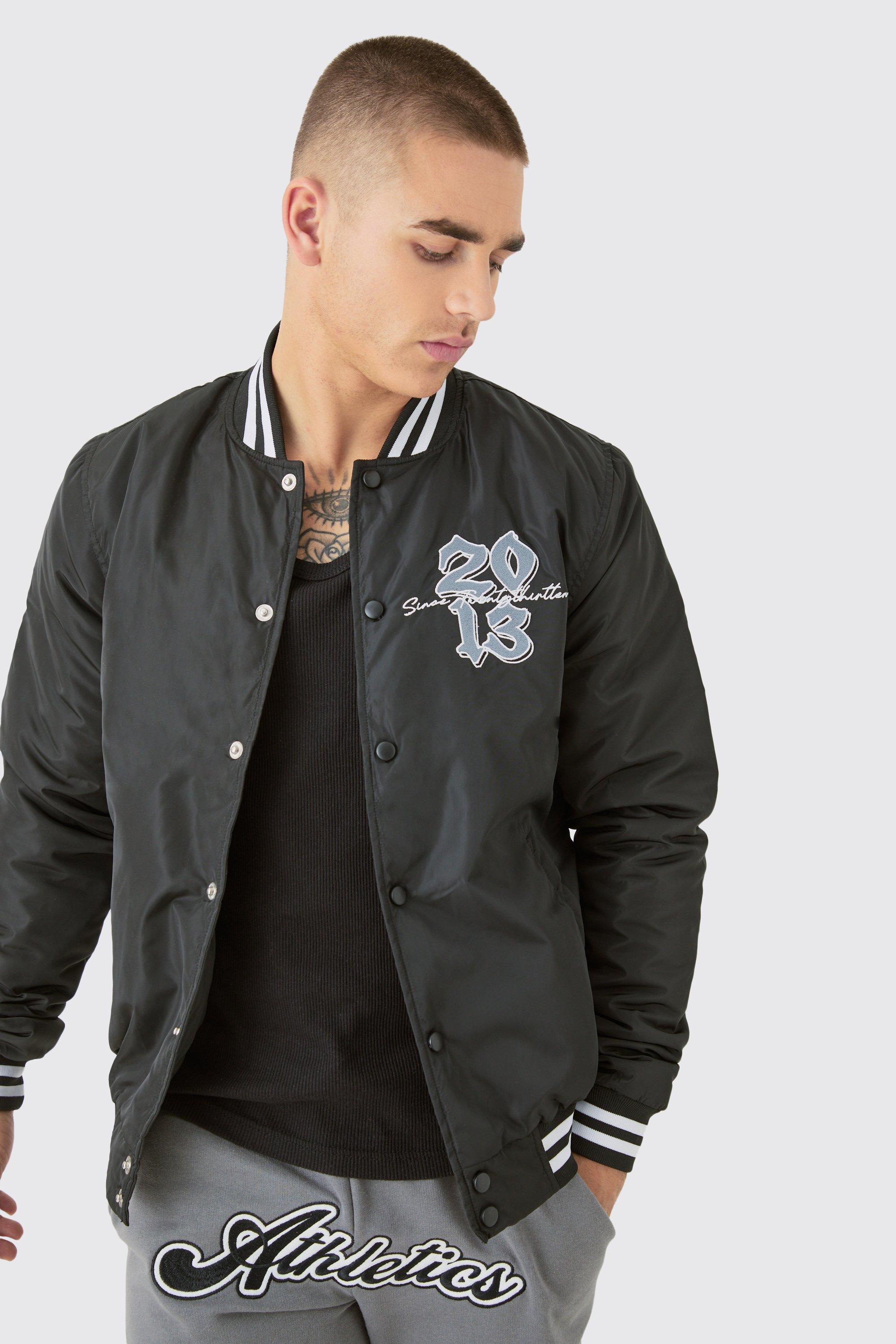 Mens Official Badge Nylon Varsity Bomber Jacket In Black, Black