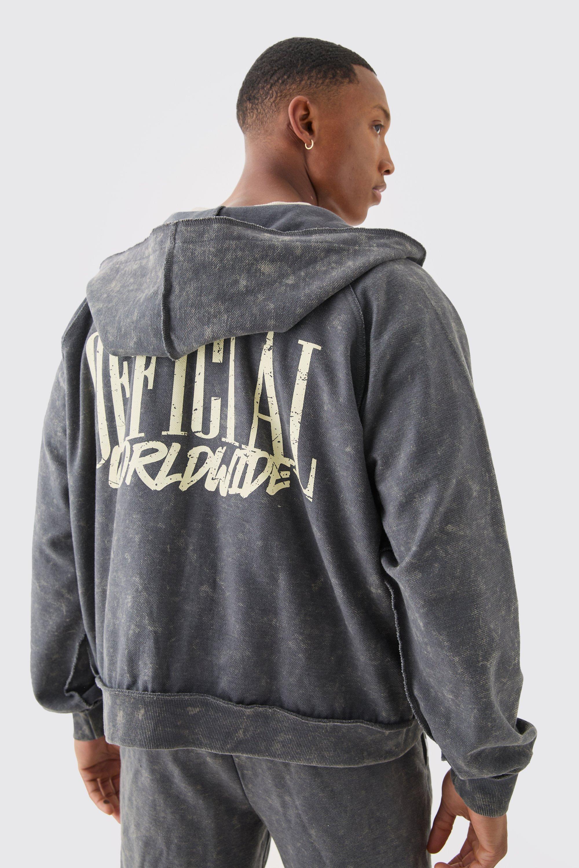 Mens Grey Oversized Boxy Reverse Loopback Printed Zip Through Hoodie, Grey