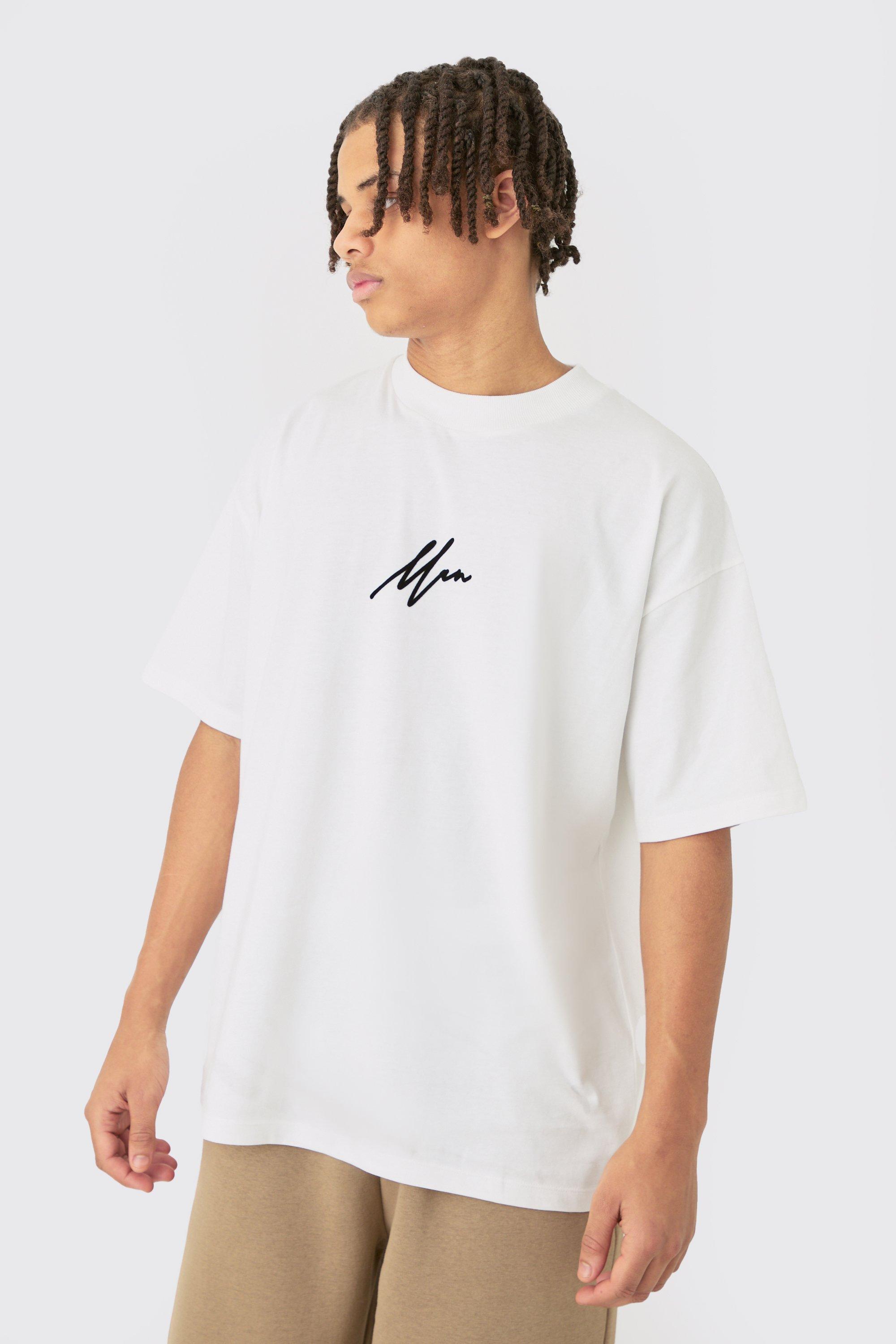 Image of Oversized Extended Neck Man Flock Printed T-shirt, Cream