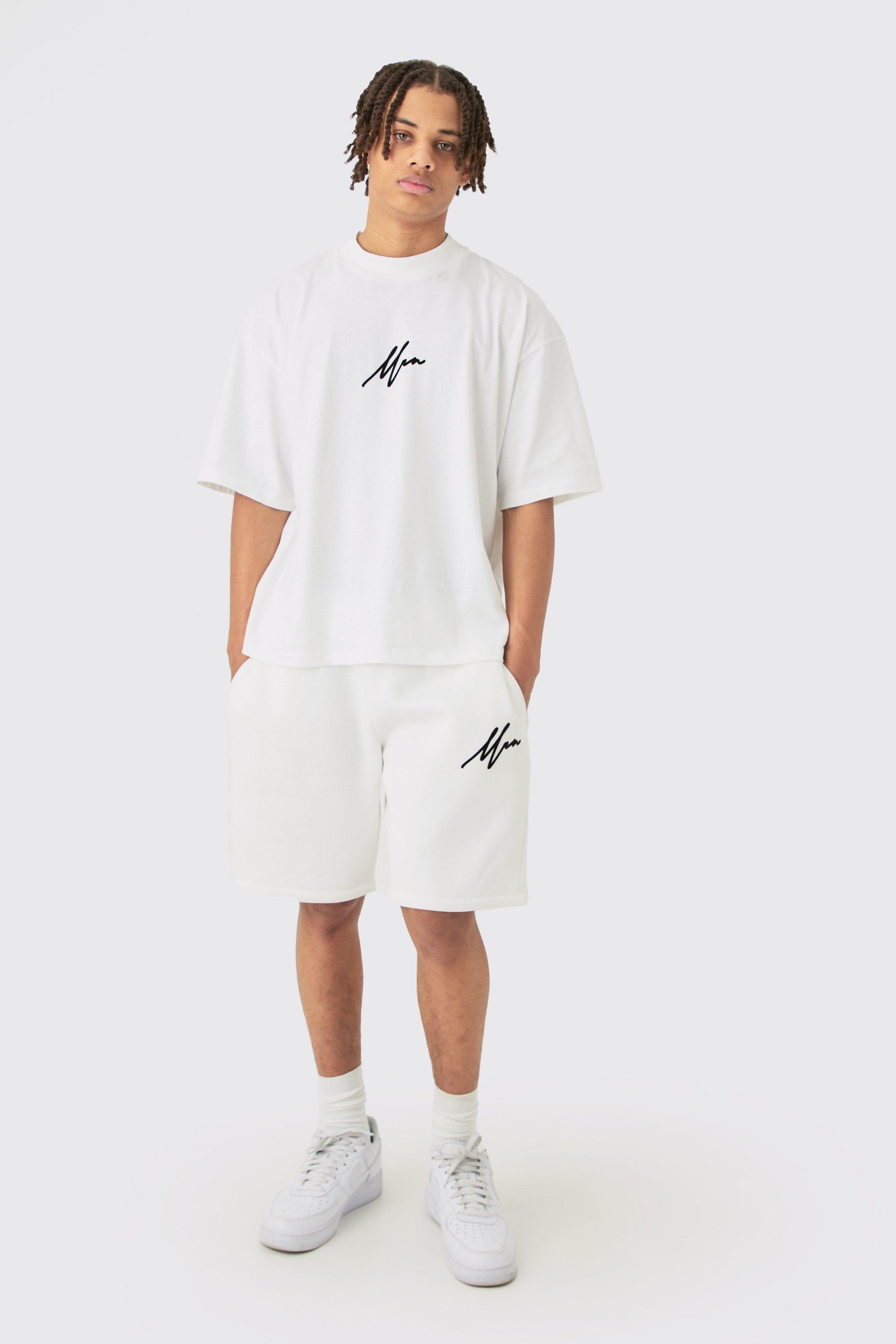 Image of Oversized Boxy Man Flock Printed T-shirt & Short Set, Cream