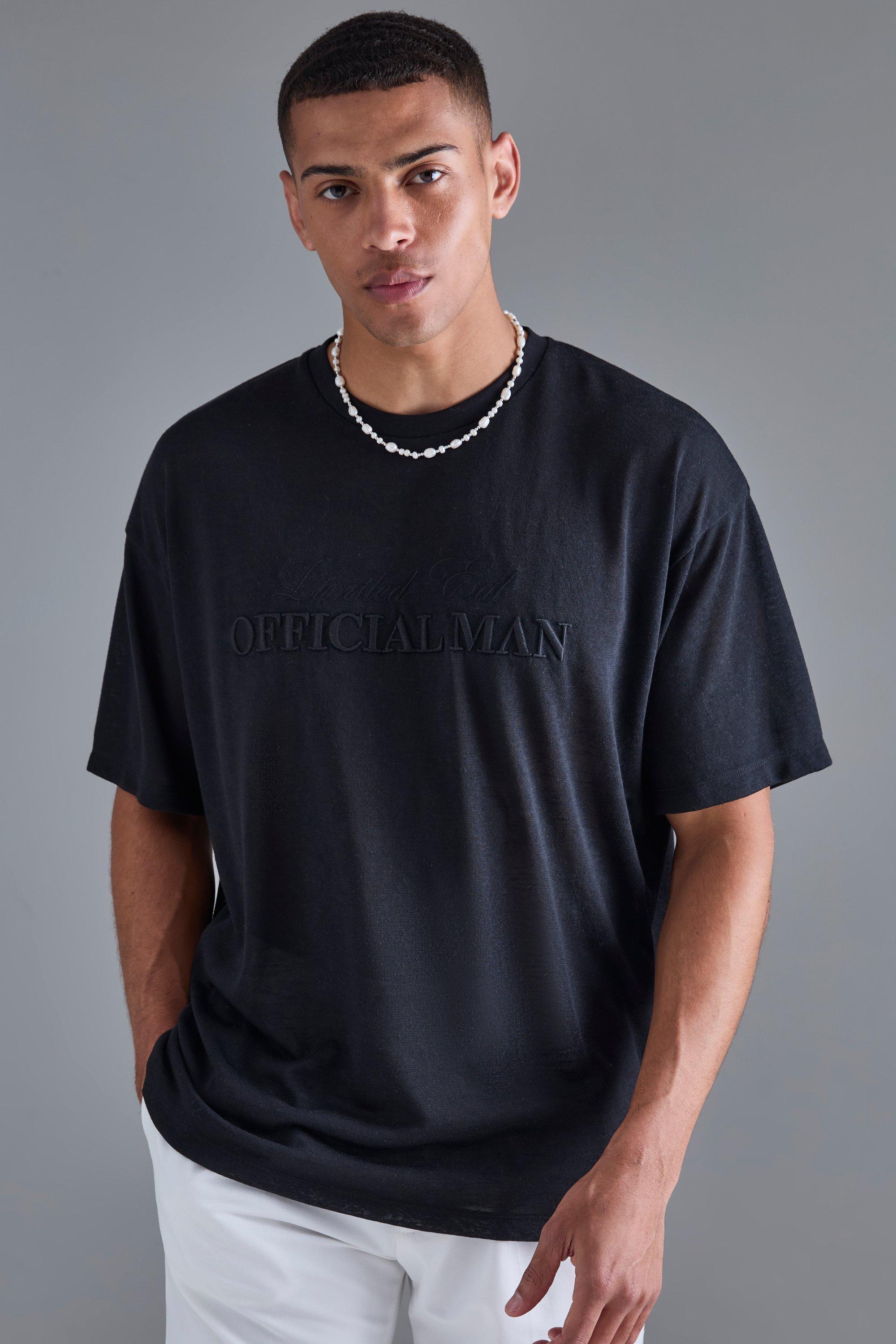 Mens Black Oversized Limited 3D Embroidered Burnout Mesh T-shirt, Black