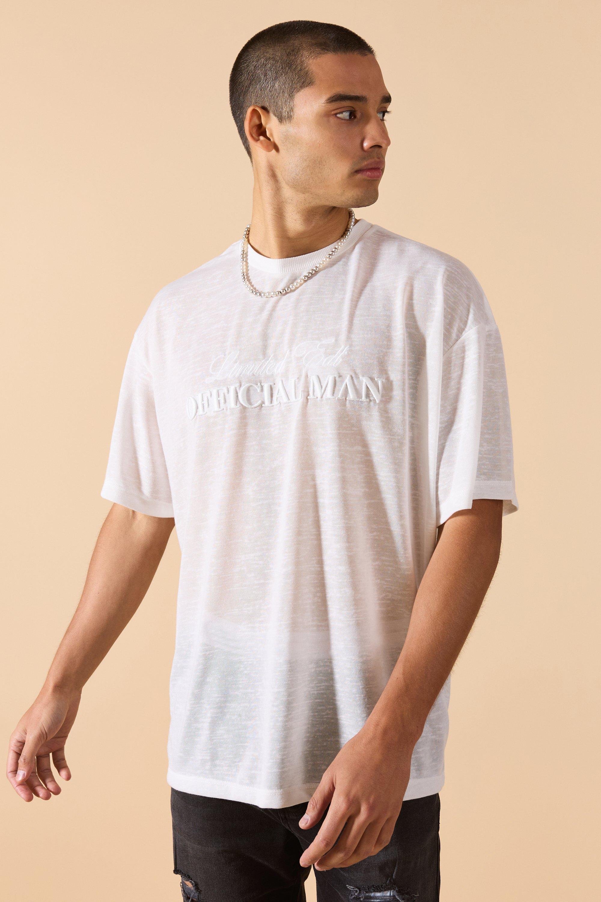 Mens White Oversized Limited 3D Embroidered Burnout Mesh T-shirt, White