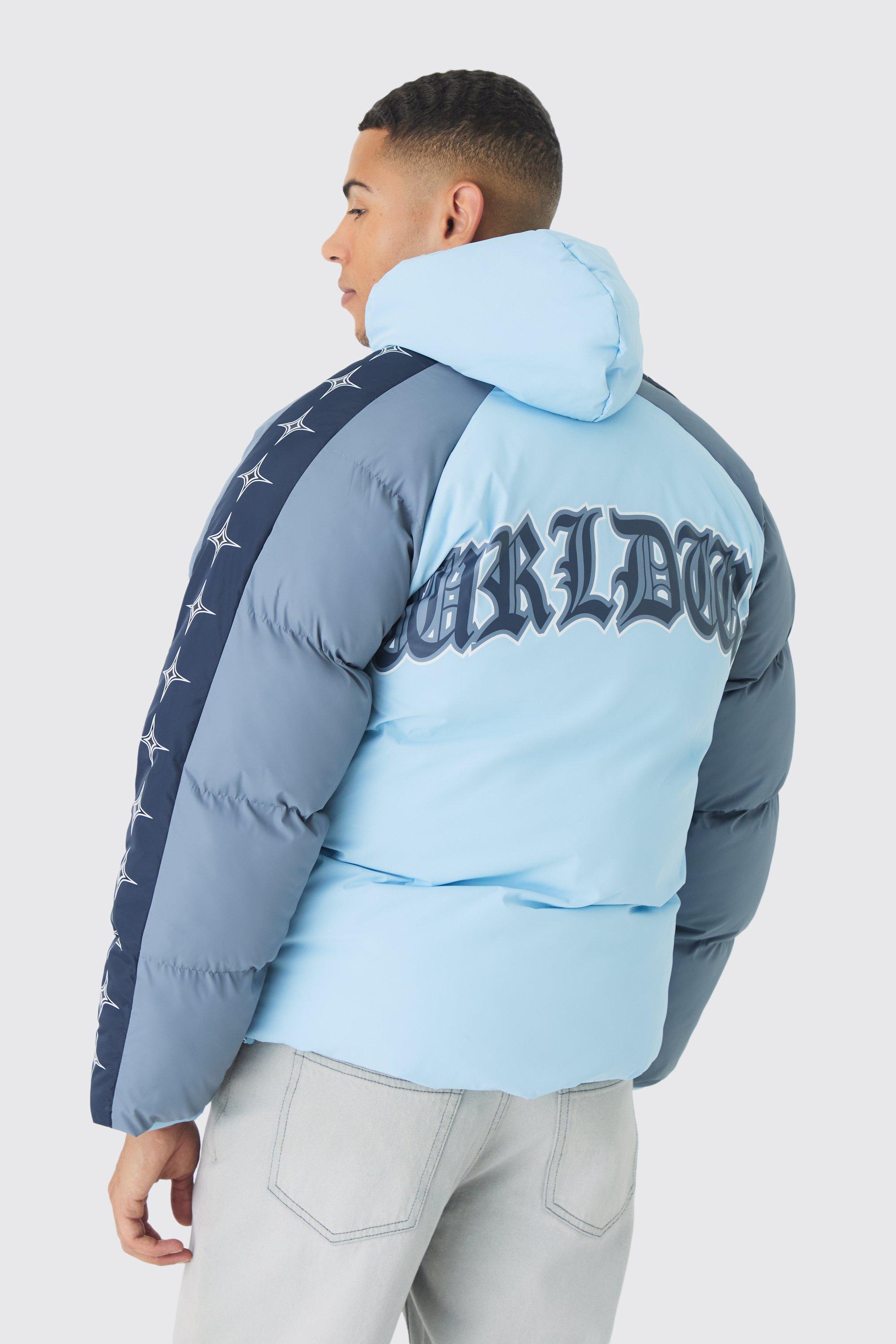Mens Worldwide Hooded Colour Block Puffer Coat In Blue, Blue