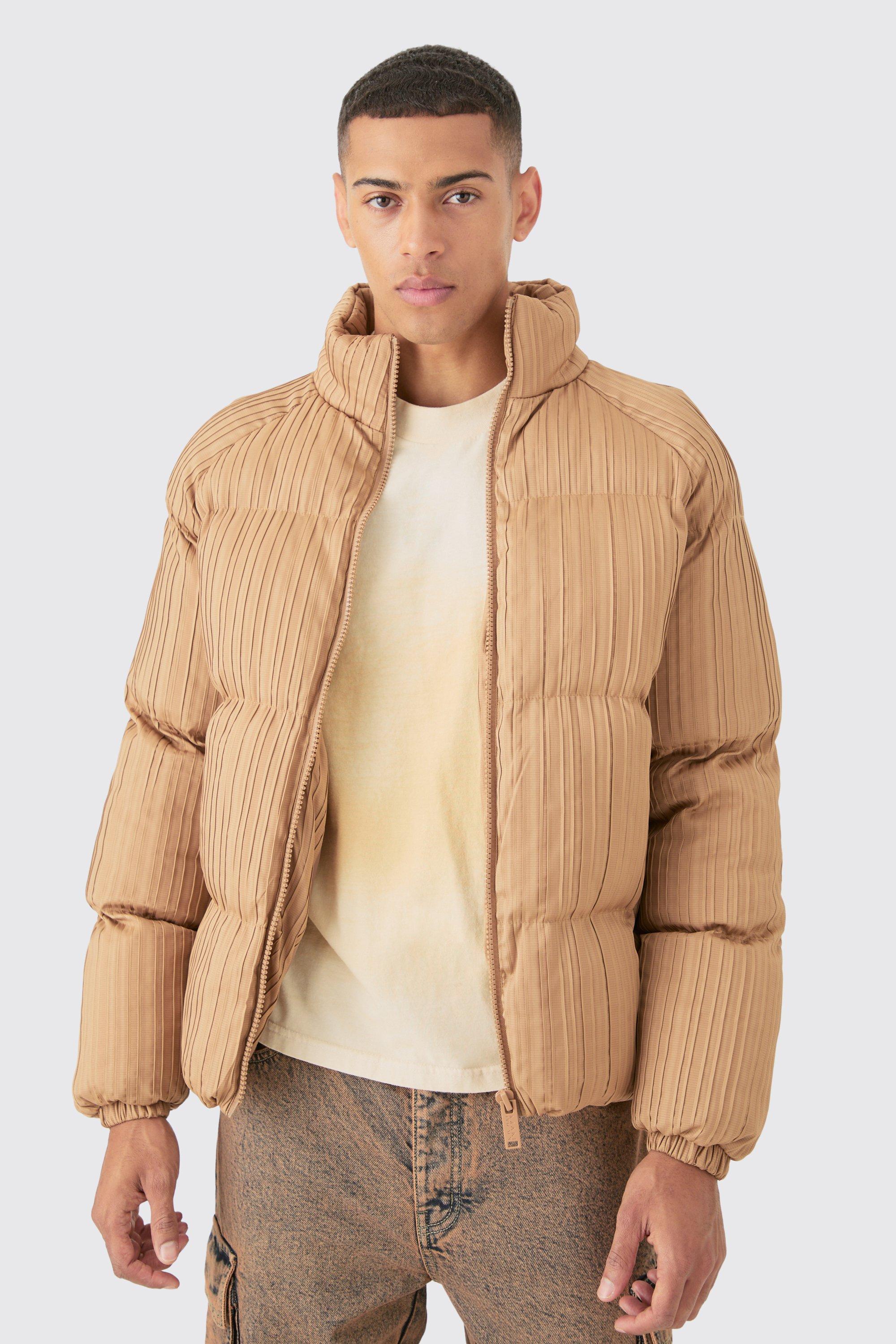 Cappotto piumino color cammello a pieghe con collo a imbuto, Beige