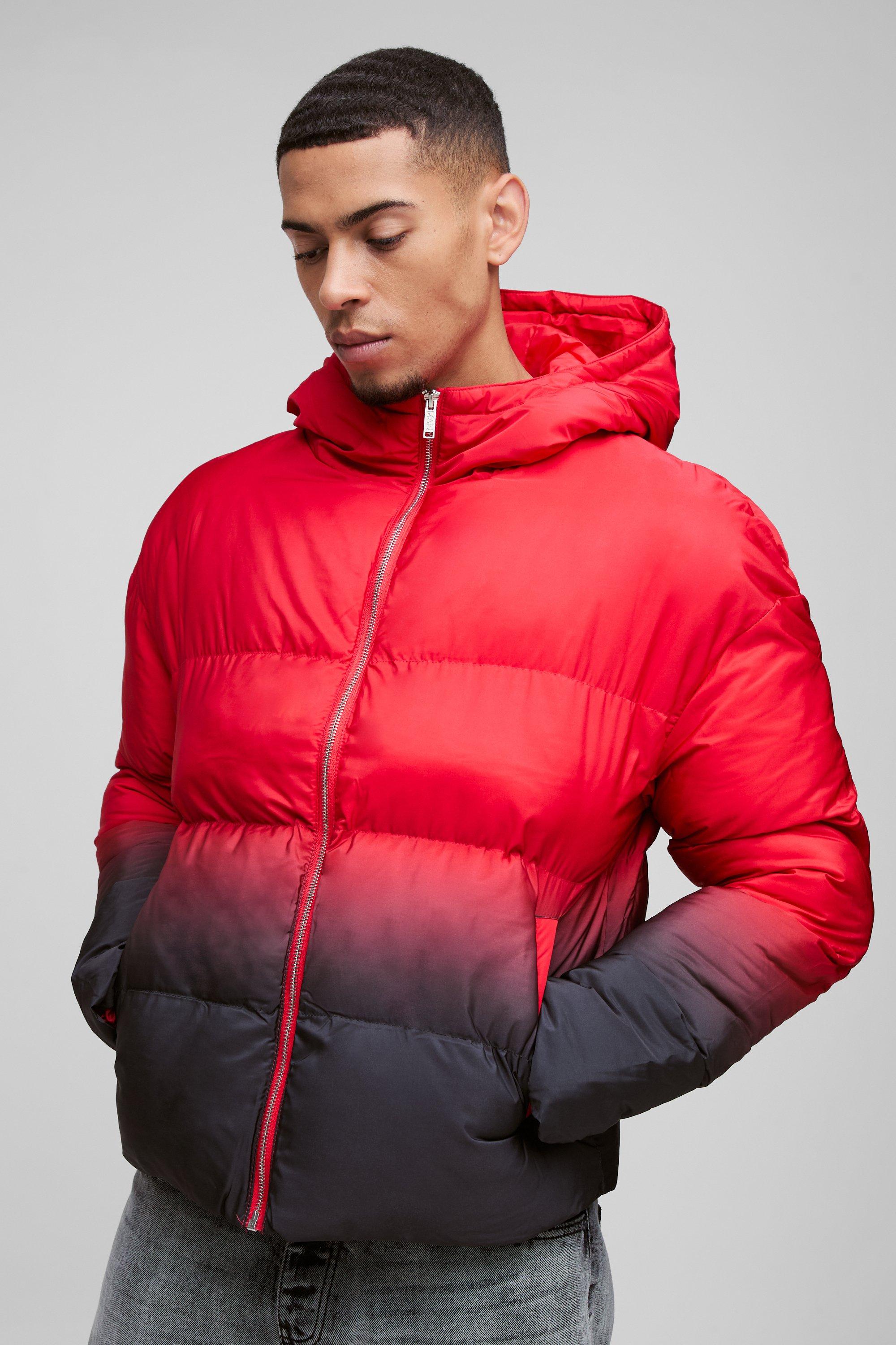 Mens Boxy Ombre Hooded Puffer Coat In Red, Red