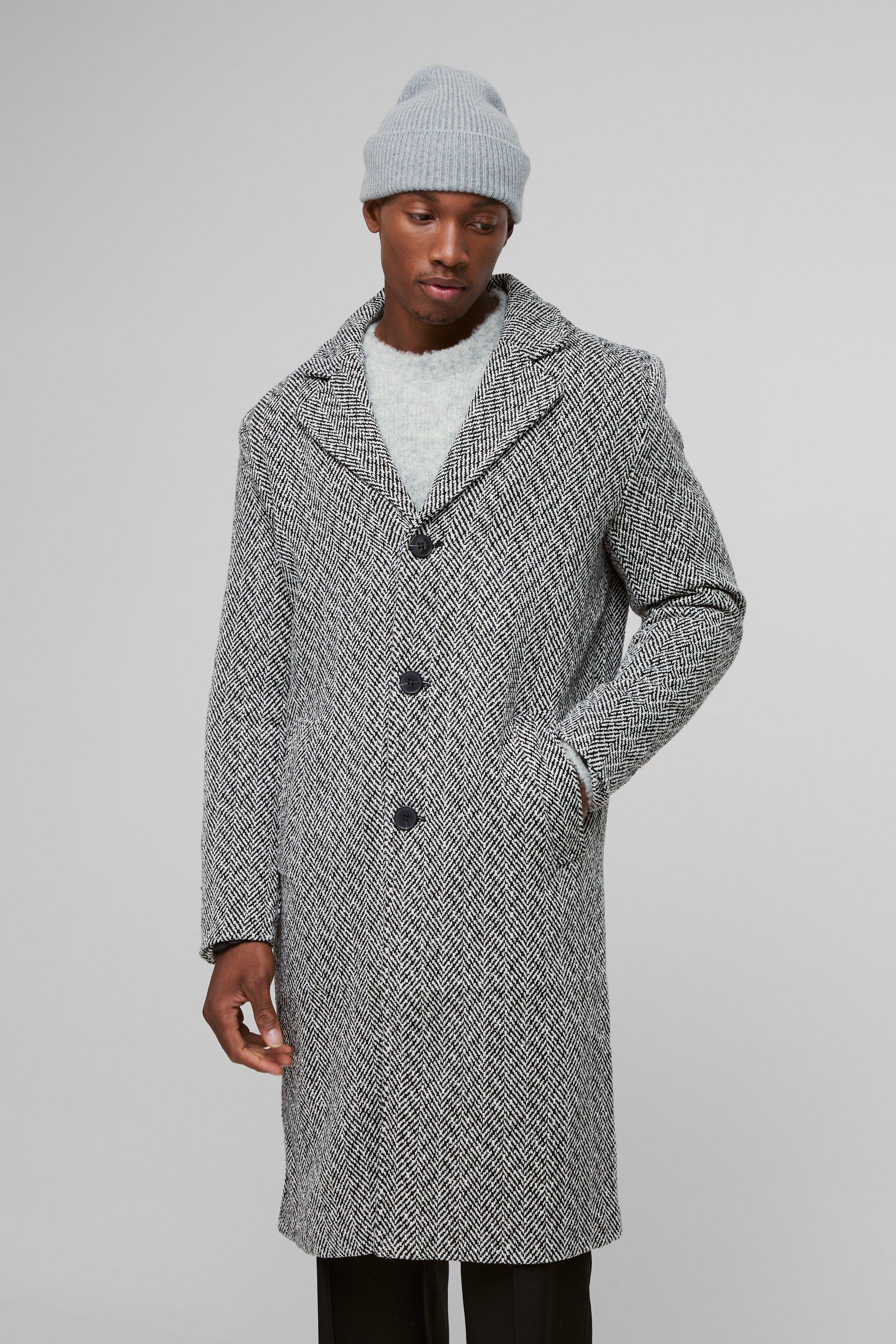 Mens Herringbone Single Breasted Overcoat In Black, Black