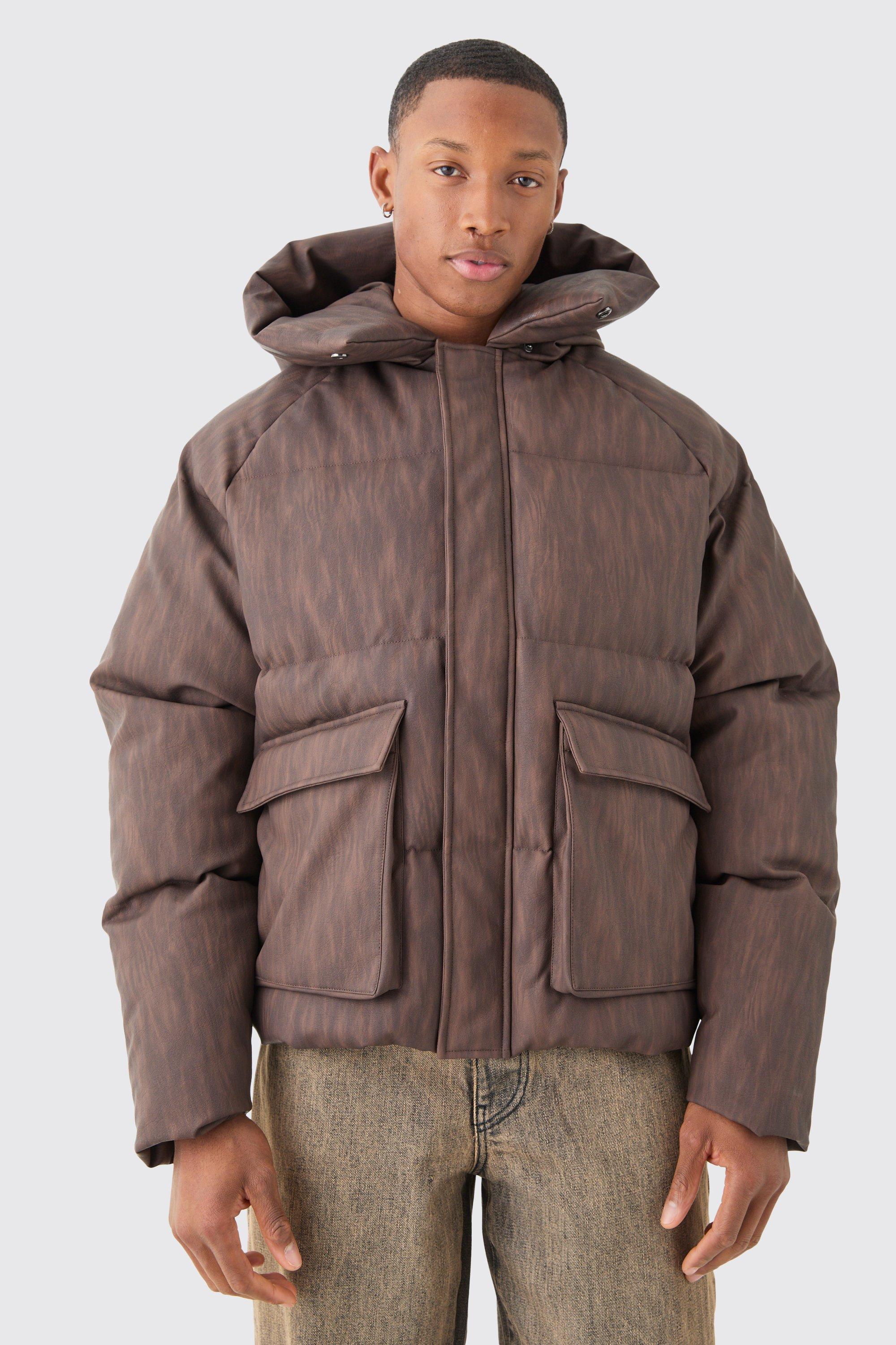 Cappotto piumino squadrato oversize in PU slavato marrone con cappuccio, Brown