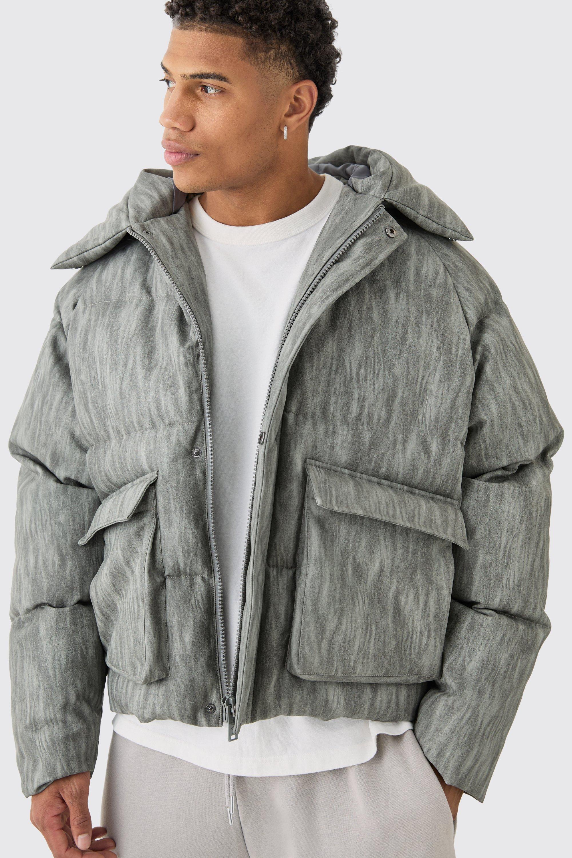 Image of Cappotto piumino squadrato oversize in PU slavato grigio con cappuccio, Grigio