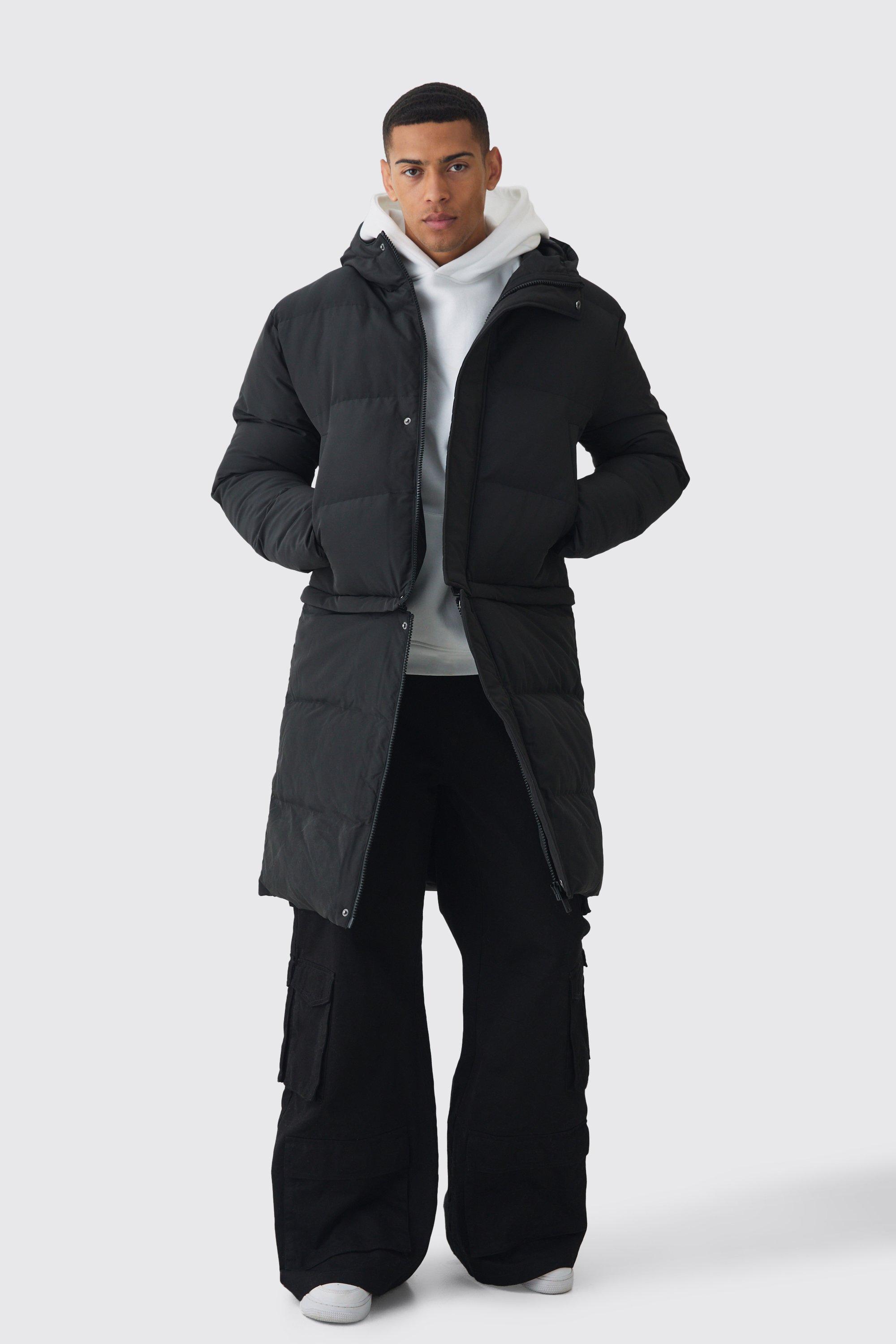 Mens 2 In 1 Zip Off Longline Puffer Coat In Black, Black