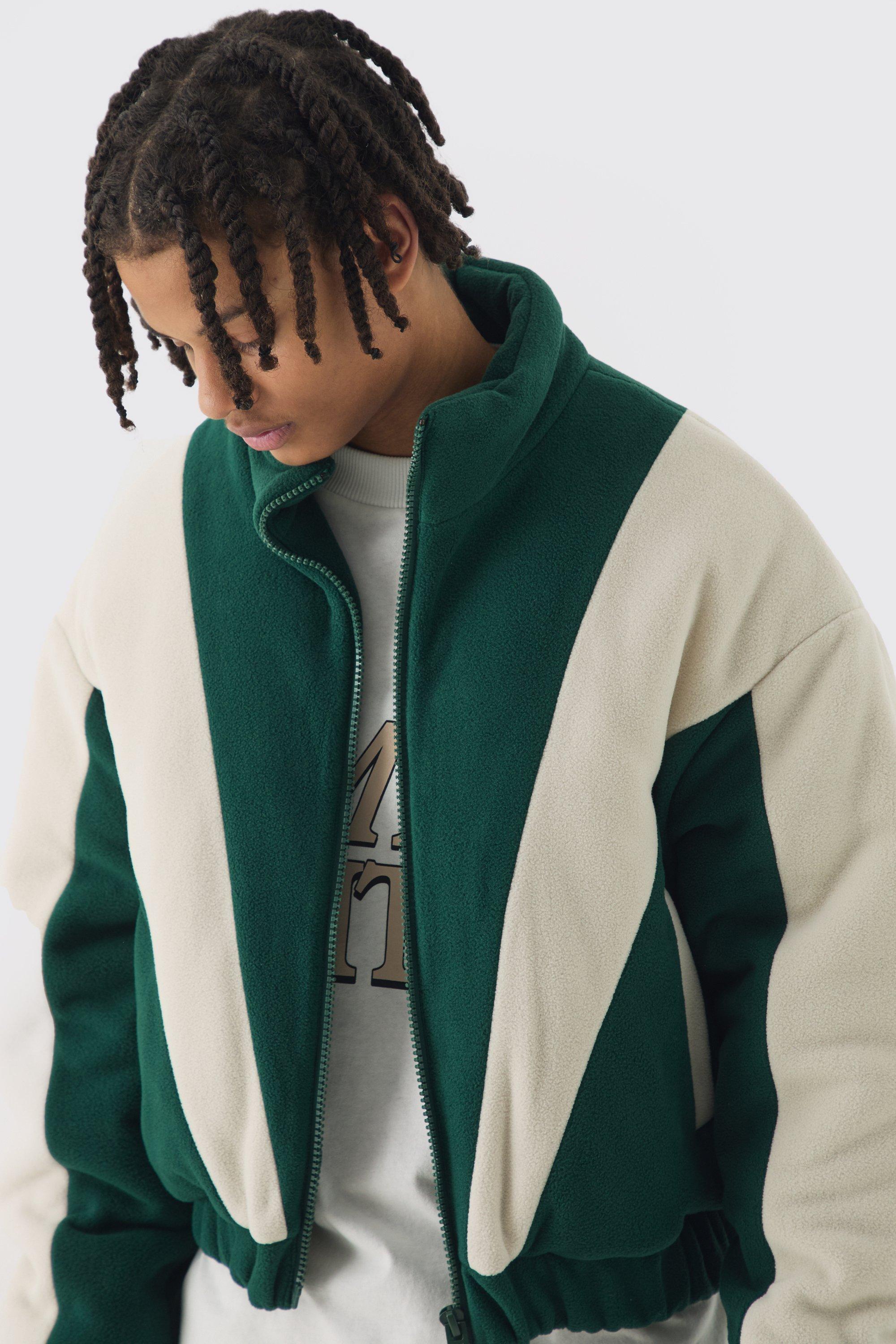 Mens Boxy Colour Block Funnel Neck Fleece Jacket In Green, Green