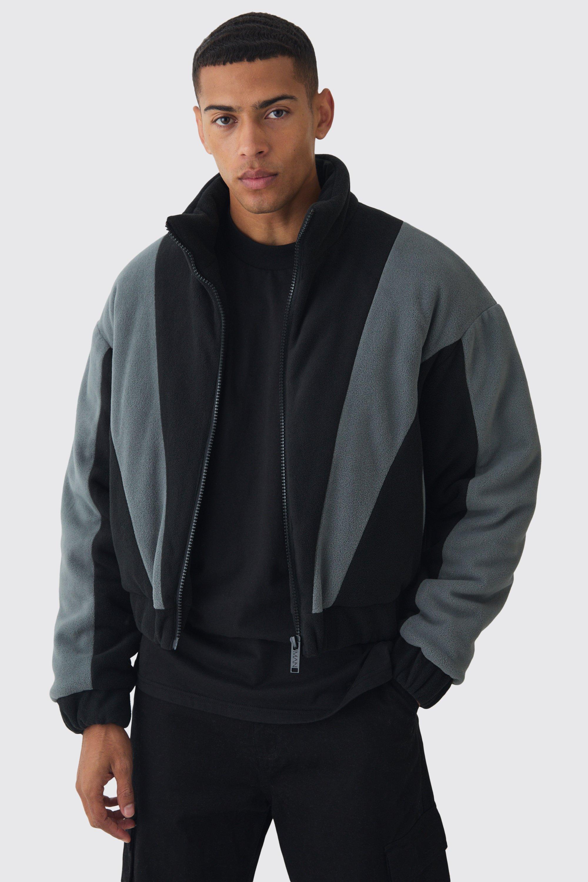 Mens Boxy Colour Block Funnel Neck Fleece Jacket In Black, Black