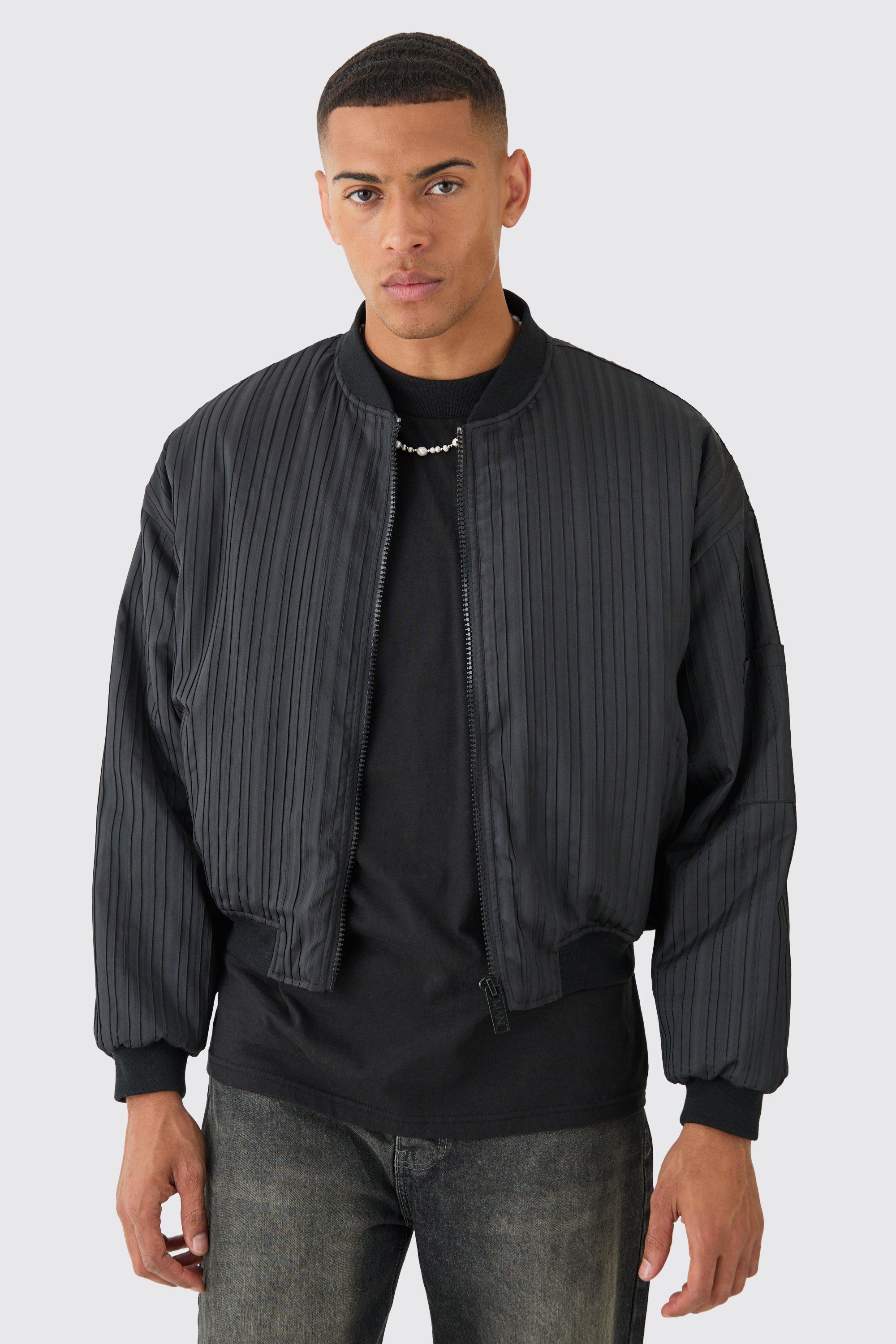 Mens Pleated Bomber Jacket In Black, Black