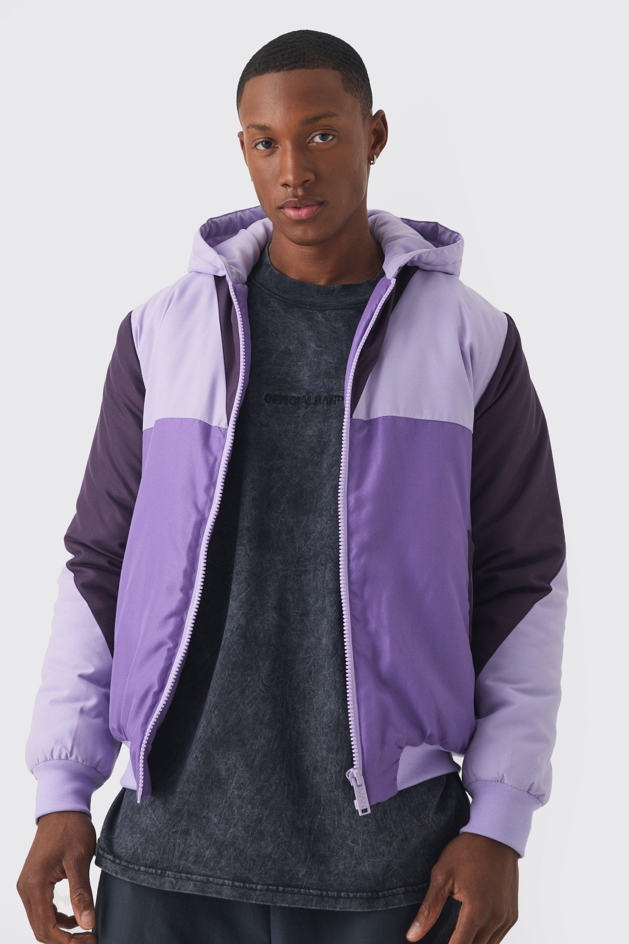 Giacca Bomber imbottita a blocchi di colore viola con cappuccio, Purple