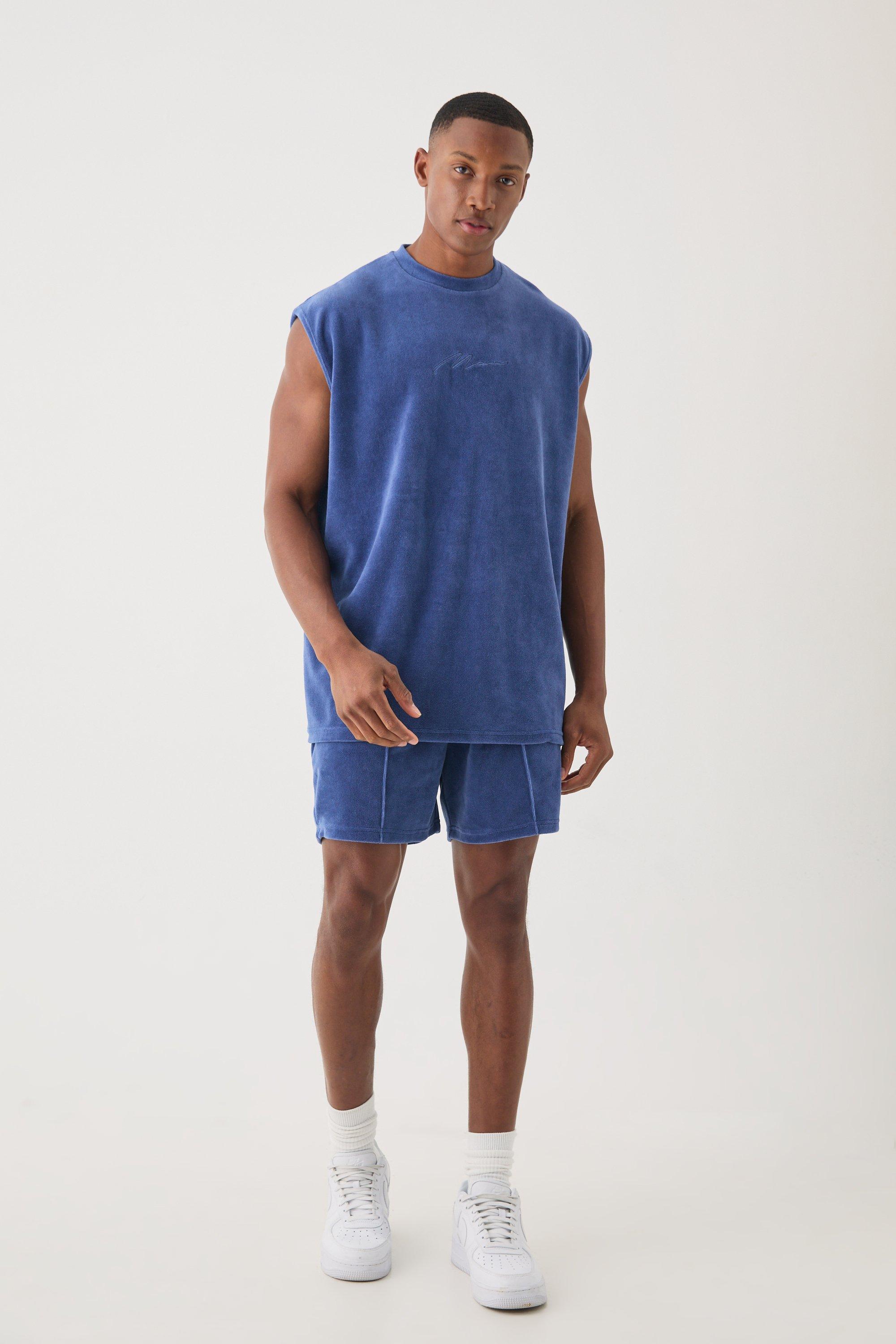 Image of Man Velour Oversized Tank & Pinktuck Shorts Set, Azzurro