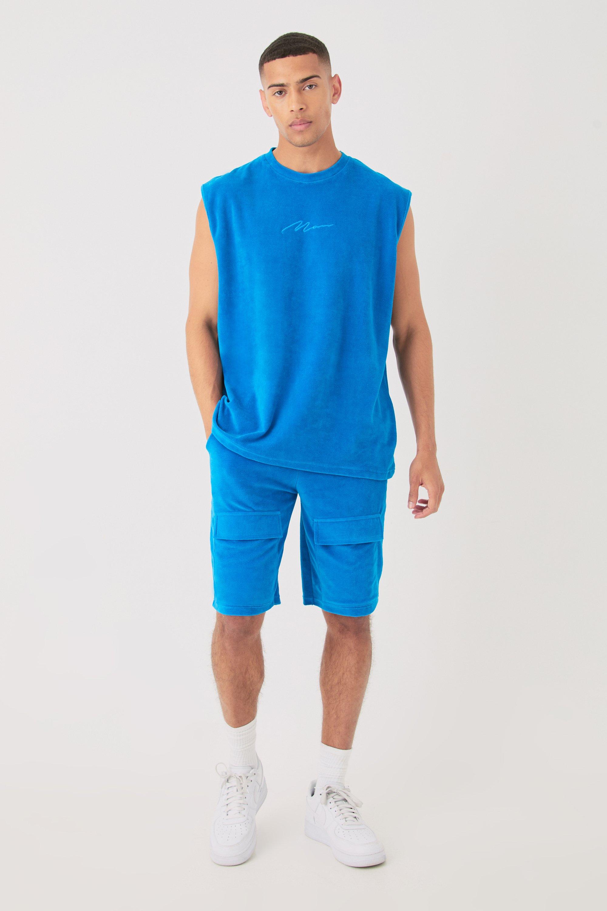 Image of Man Velour Oversized Tank & Pocket Shorts Set, Azzurro