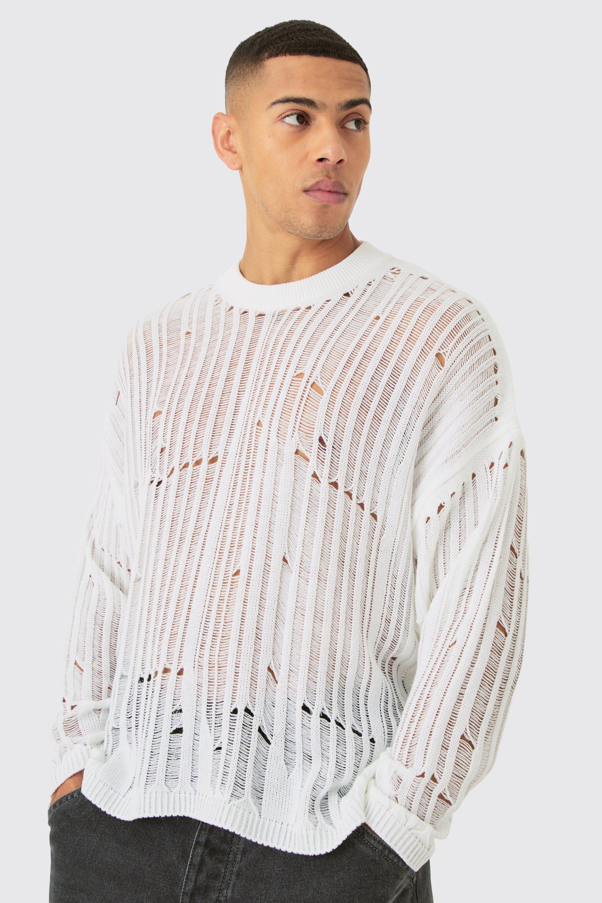 Image of Maglione oversize in maglia bianco con dettagli a smagliature, Bianco