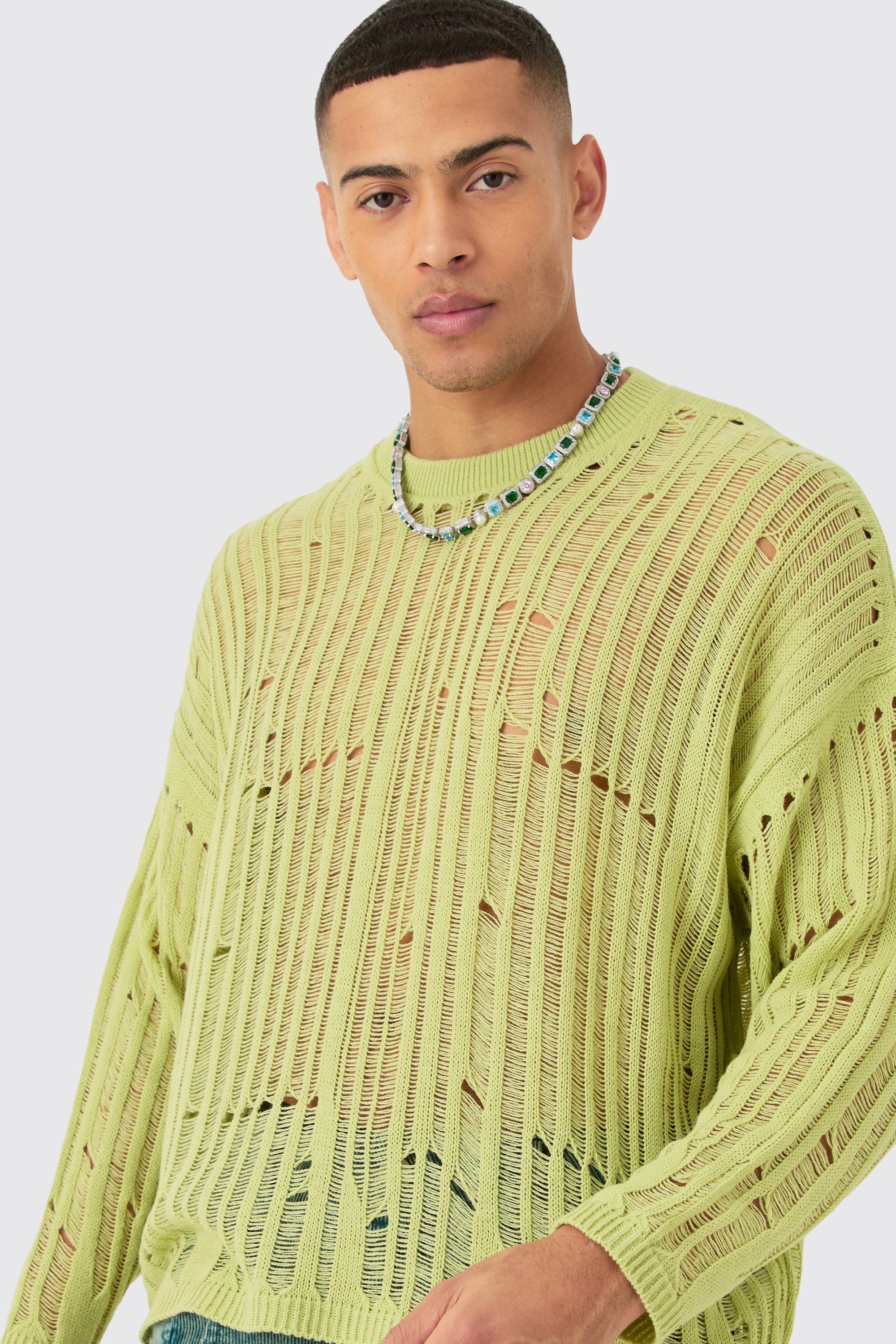 Image of Maglione oversize in maglia traforata color salvia con smagliature, Verde