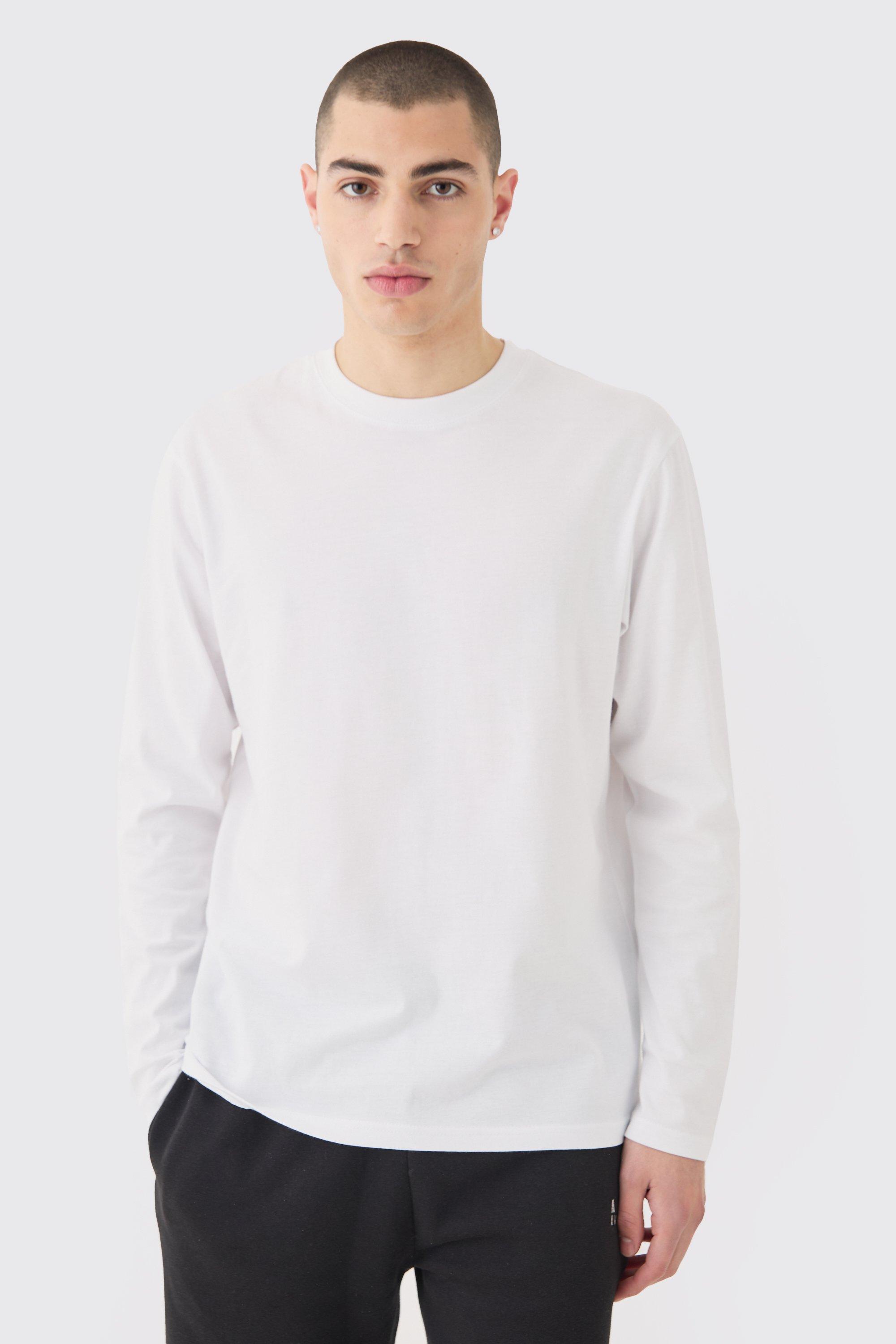 Mens White Long Sleeve Crew Neck T-shirt, White