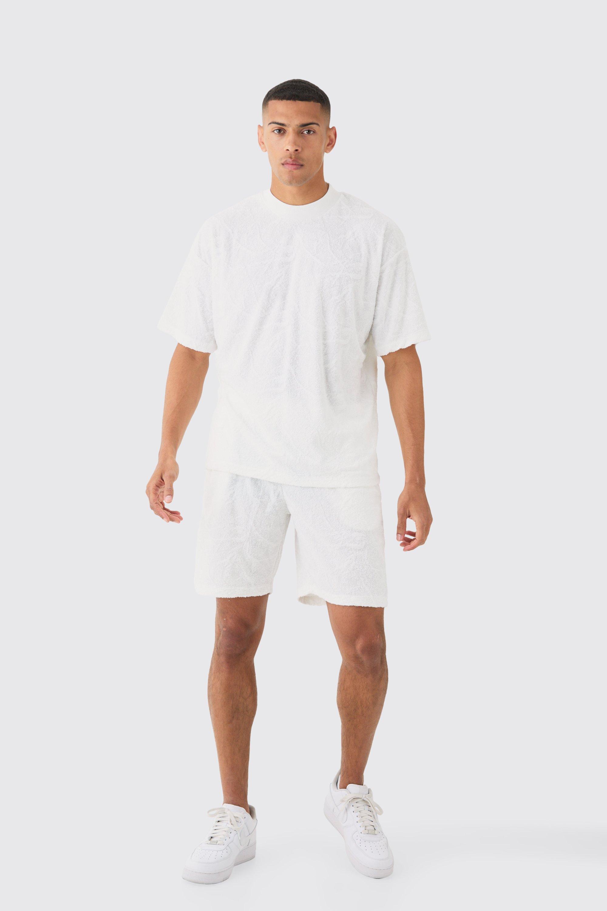 Image of Oversized Burnout Towelling Jacquard T-shirt & Short Set, Bianco