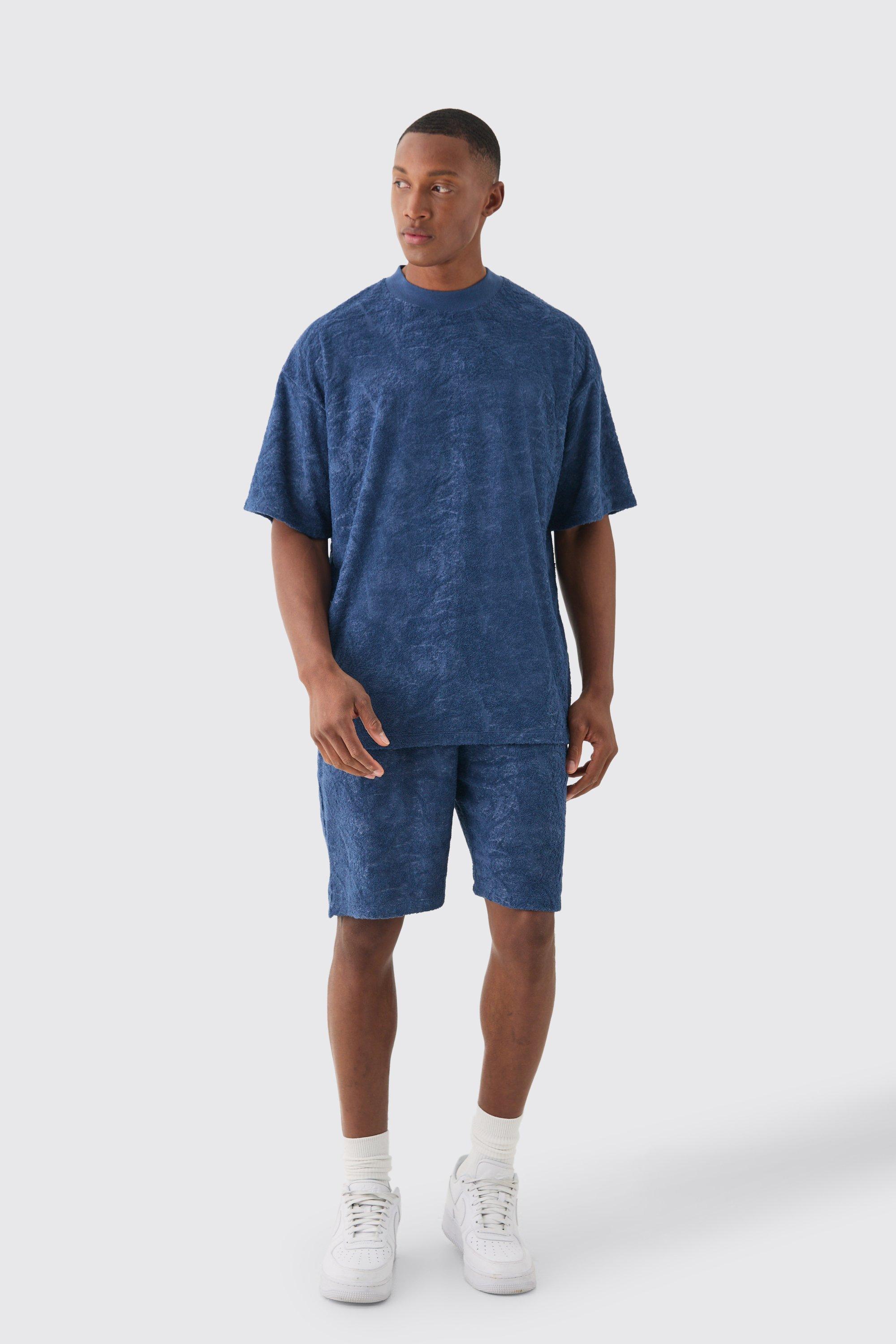 Image of Oversized Burnout Towelling Jacquard T-shirt & Short Set, Navy