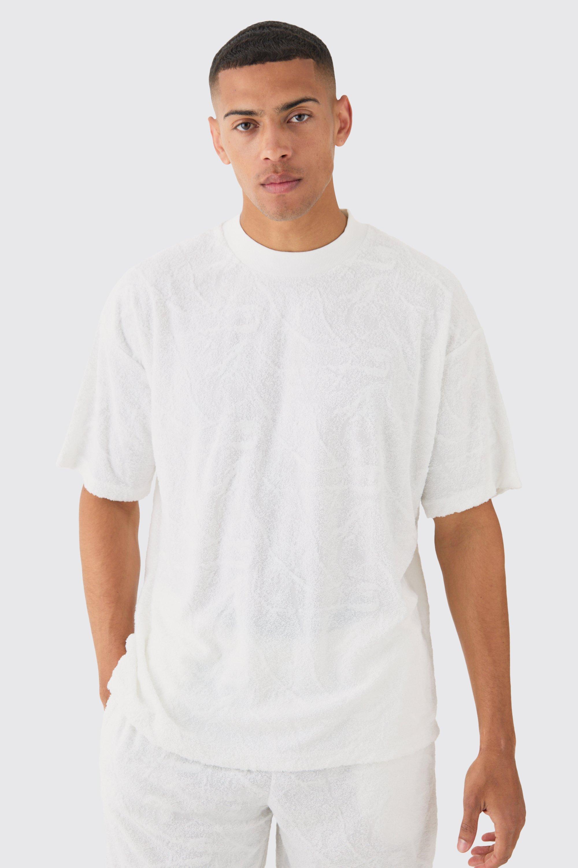 Image of        Oversized Burnout Towelling Jacquard T-shirt, Bianco