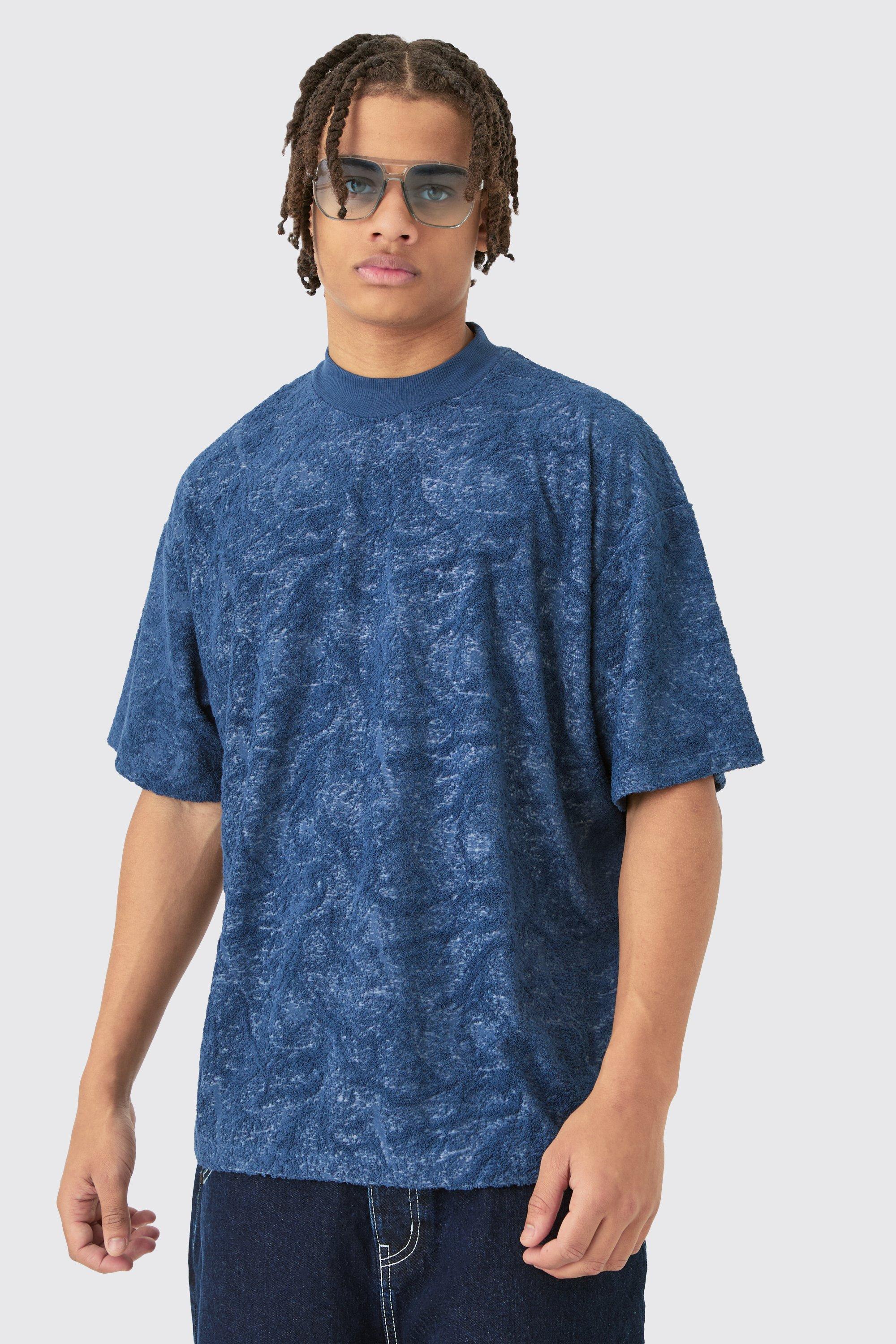 Image of Oversized Burnout Towelling Jacquard T-shirt, Navy