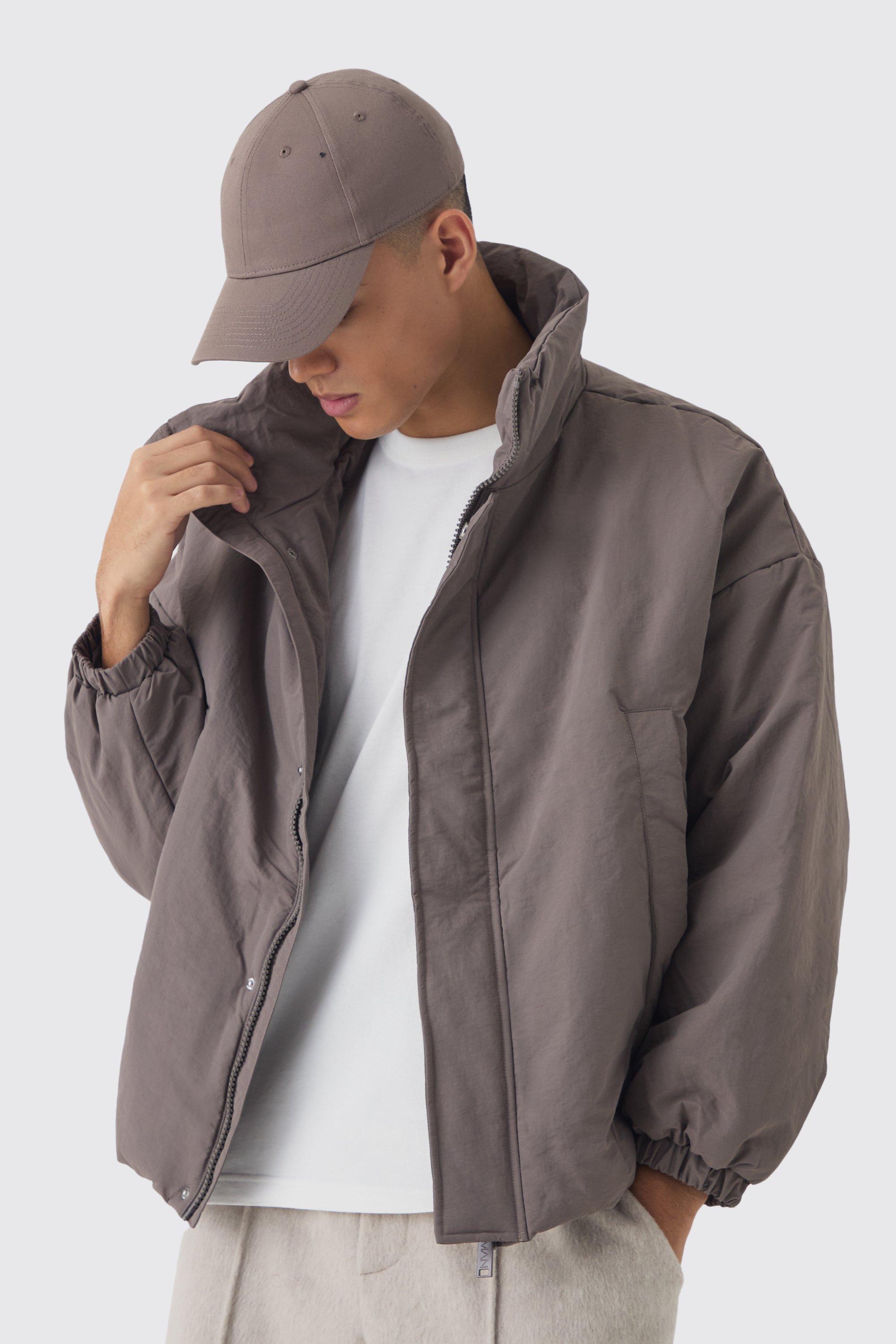 Mens Grey Oversized Boxy Padded Funnel Neck Coat In Charcoal, Grey