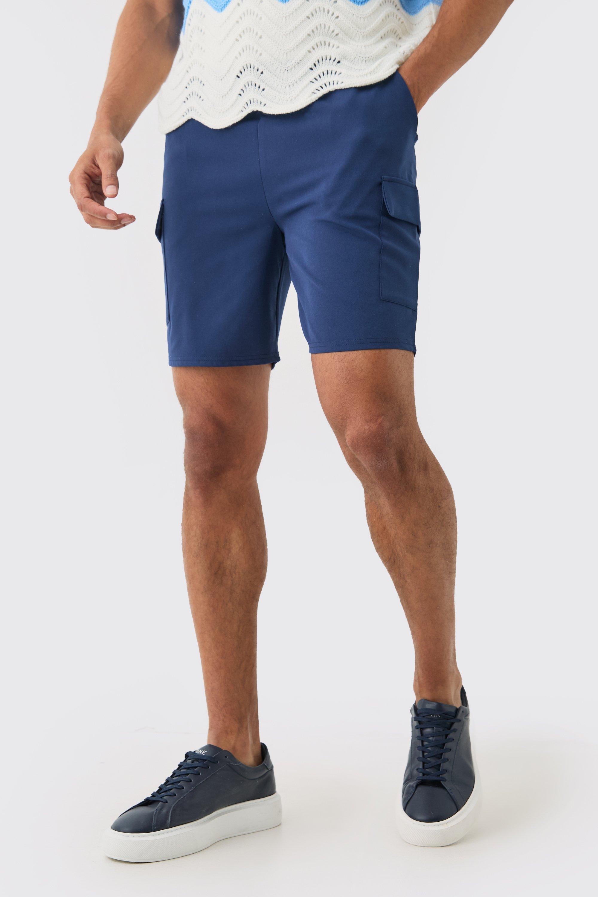 Mens Navy Elasticated Waist Skinny Fit Cargo Shorts, Navy