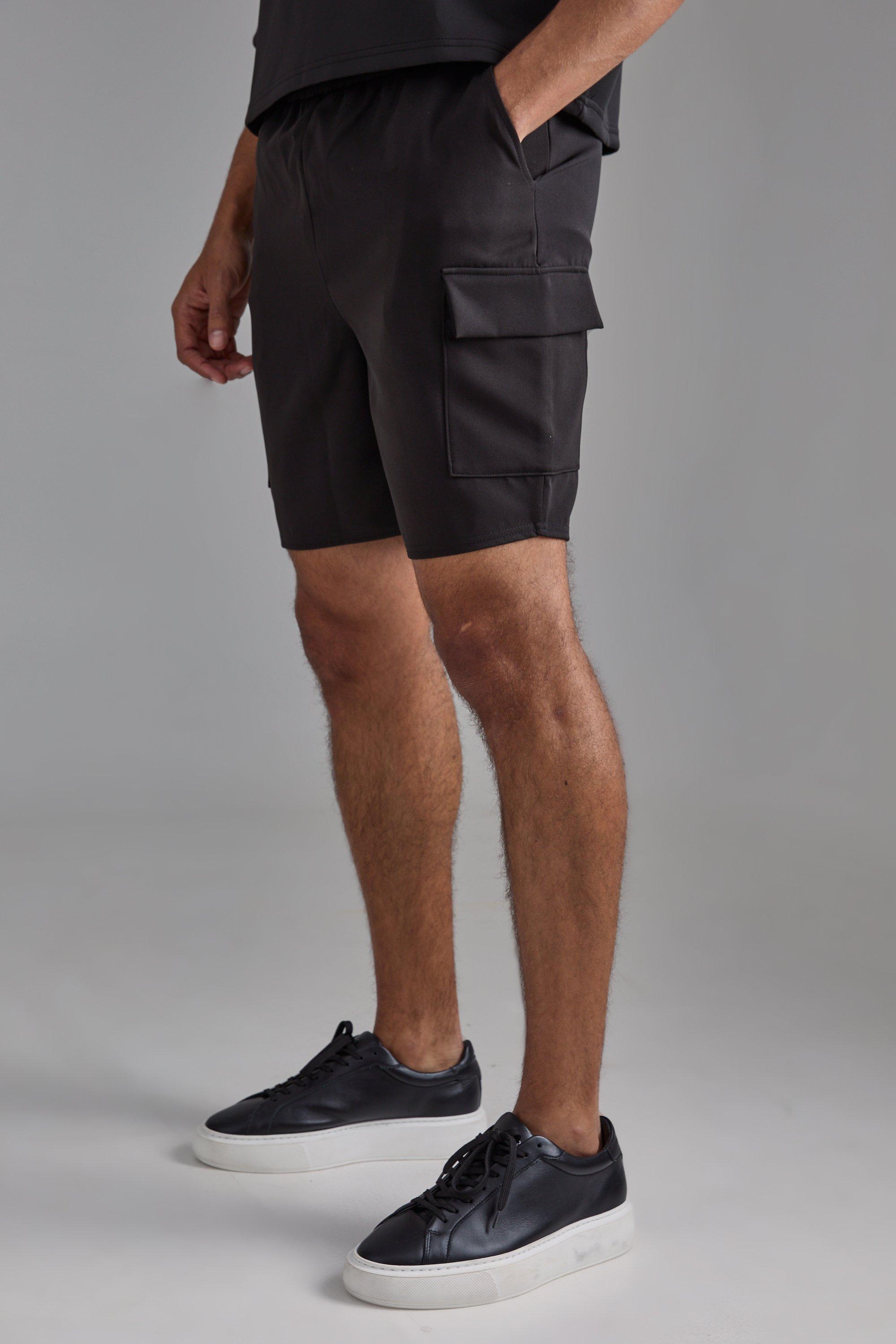 Mens Black Elasticated Waist Skinny Fit Cargo Shorts, Black