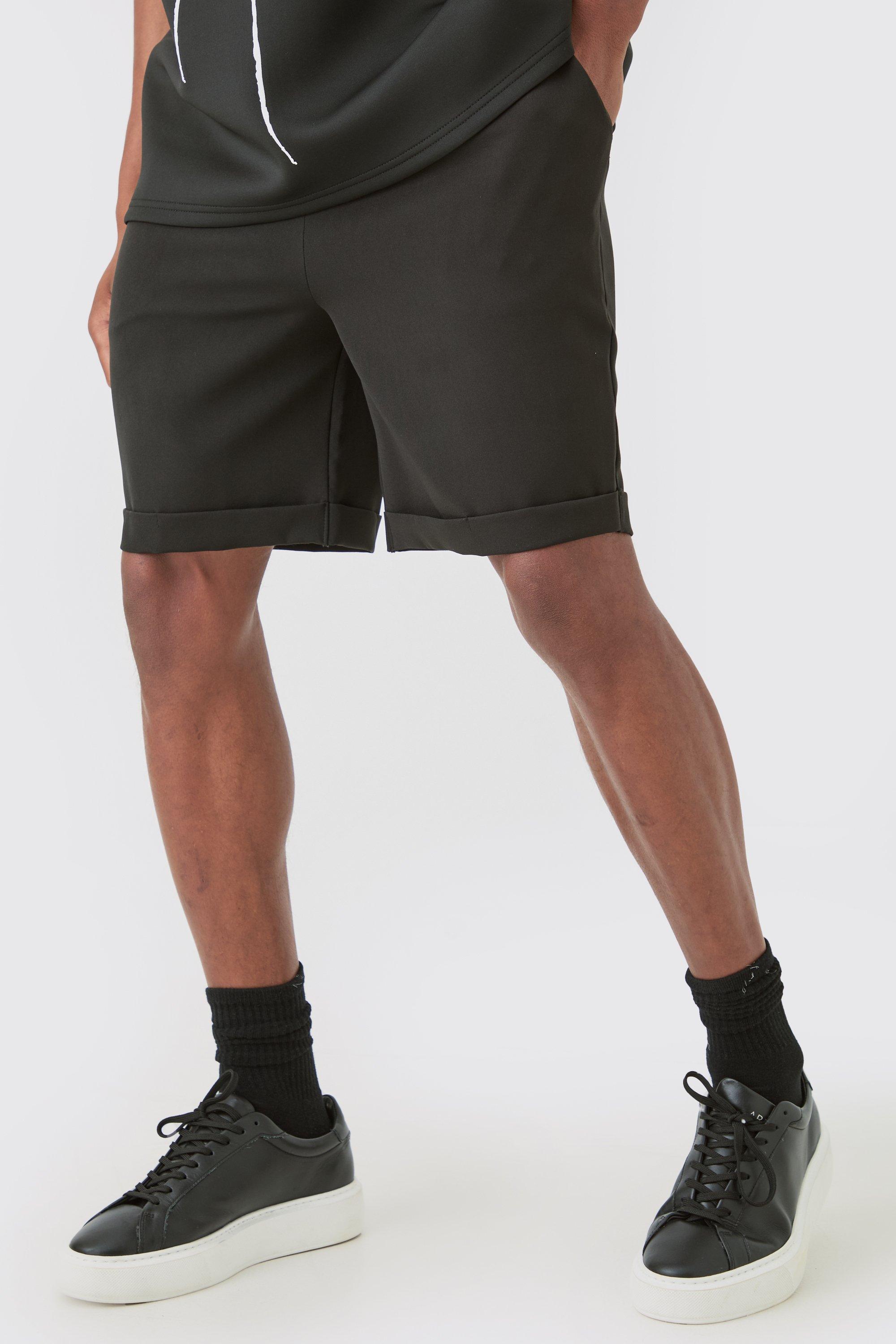 Image of Elasticated Waist Turn Up Stretch Slim Fit Shorts, Nero