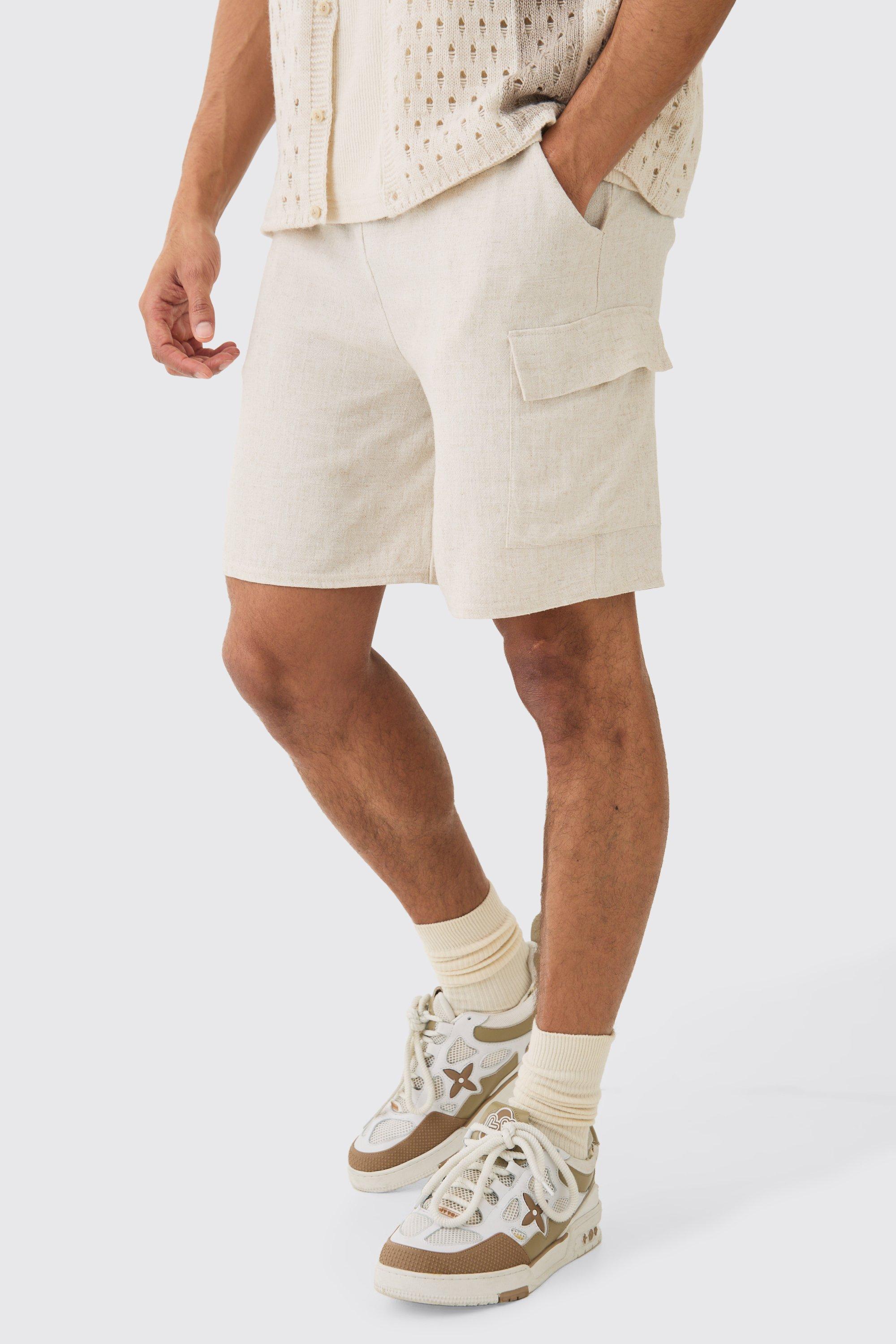 Mens Beige Linen Look Pin Tuck Elasticated Waist Cargo Relaxed Shorts, Beige