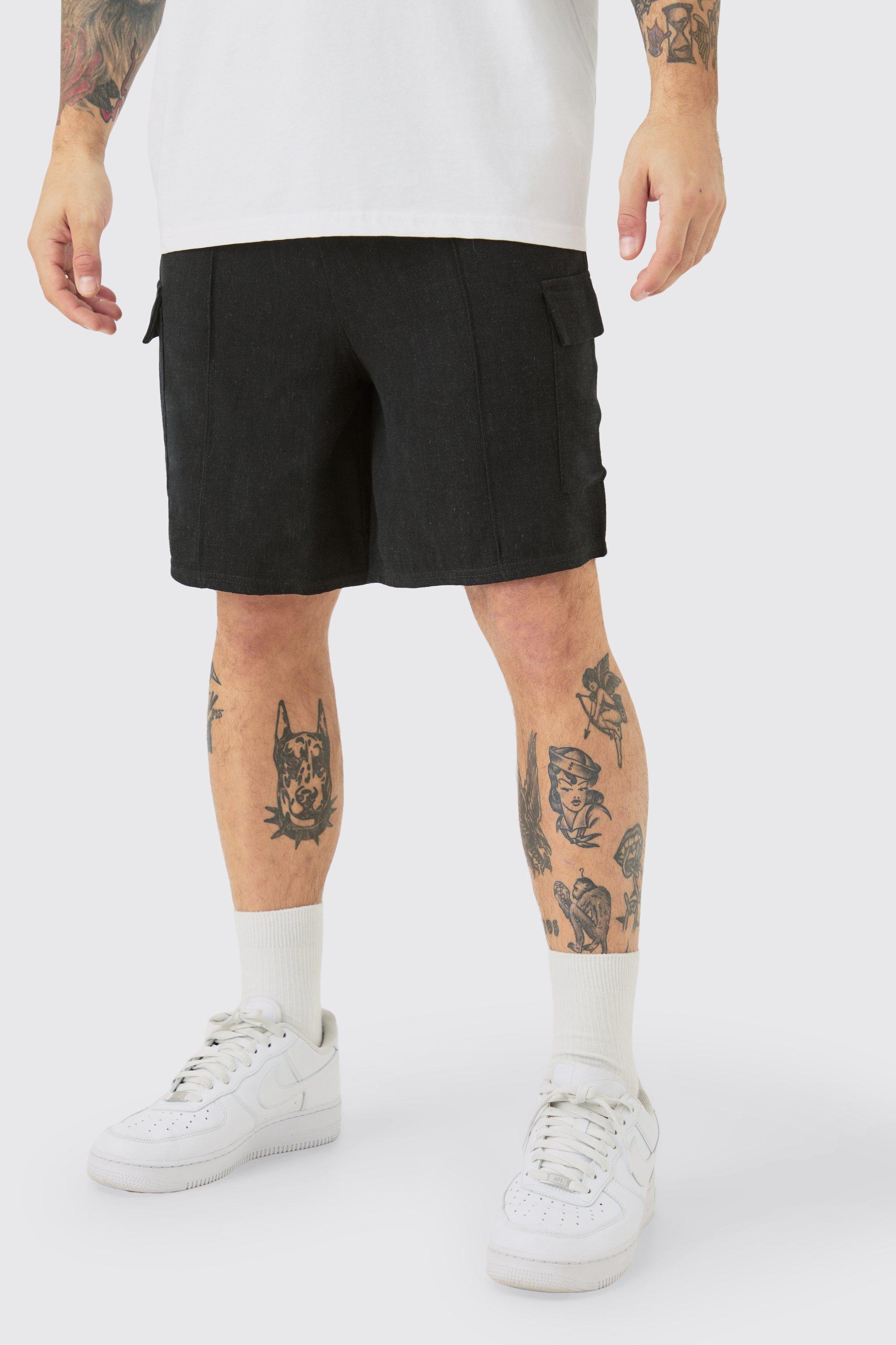 Mens Black Linen Look Pin Tuck Elasticated Waist Cargo Relaxed Shorts, Black