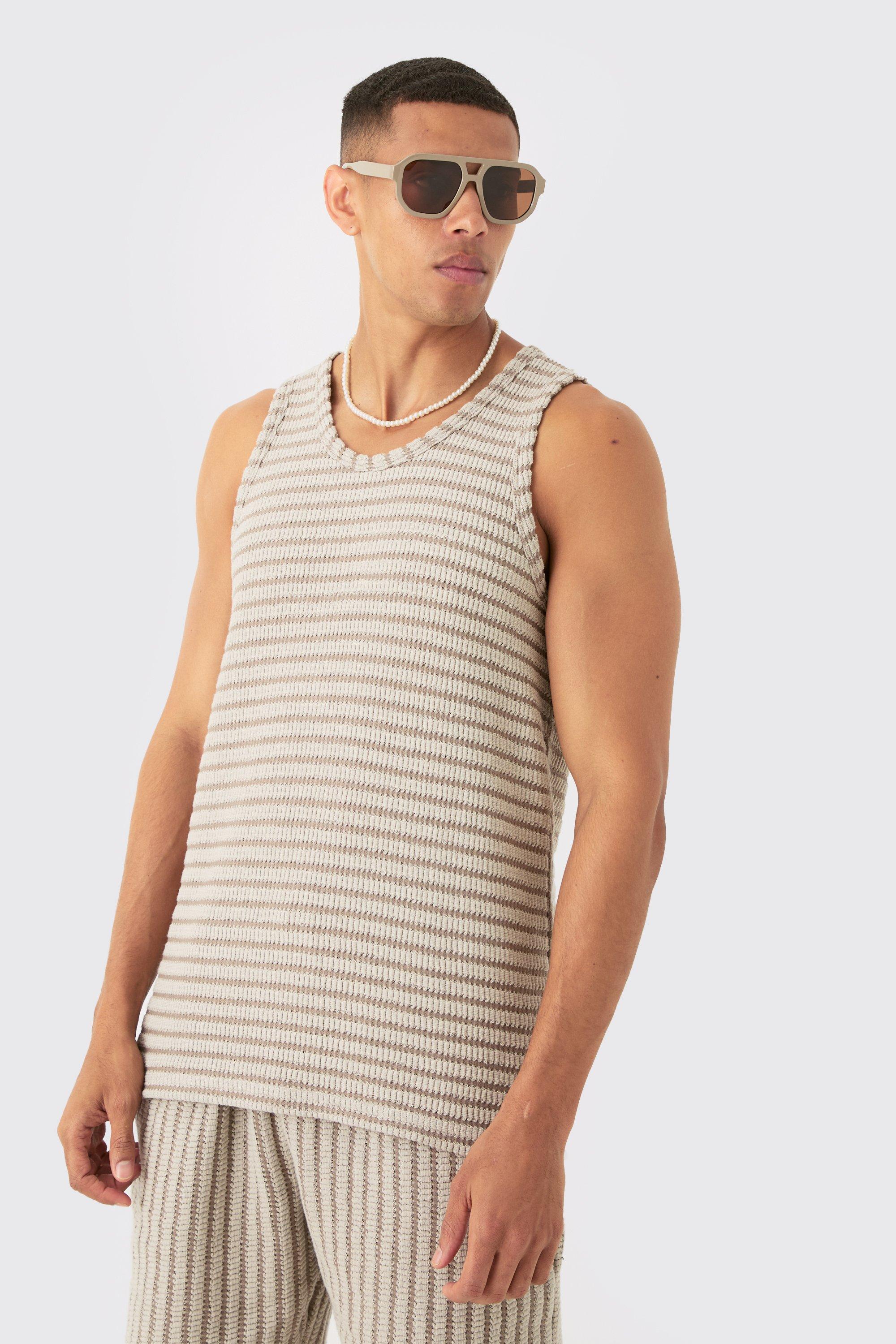 Mens Beige Regular Fit Textured Stripe Vest, Beige