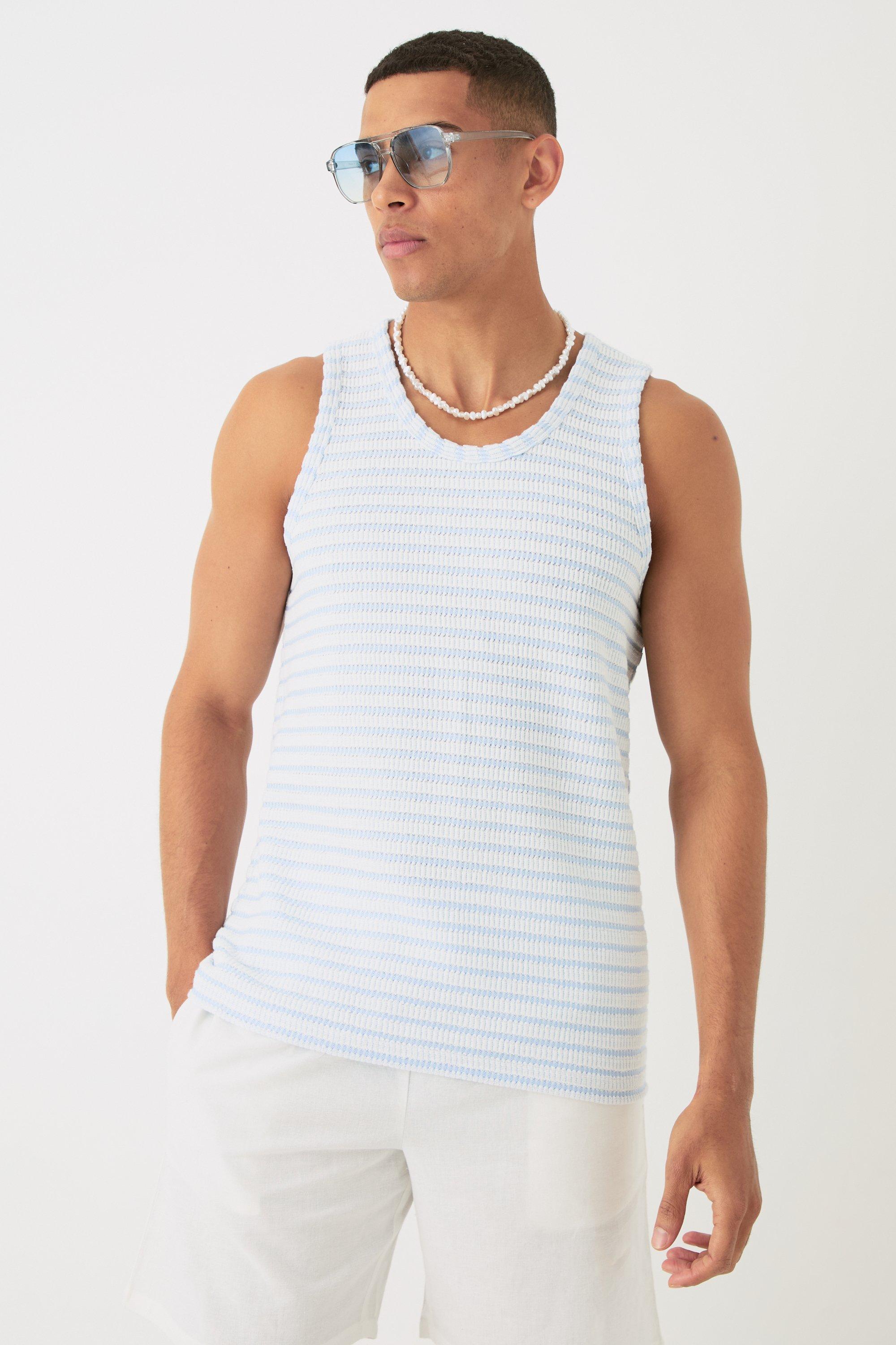 Mens Cream Textured Stripe Vest, Cream