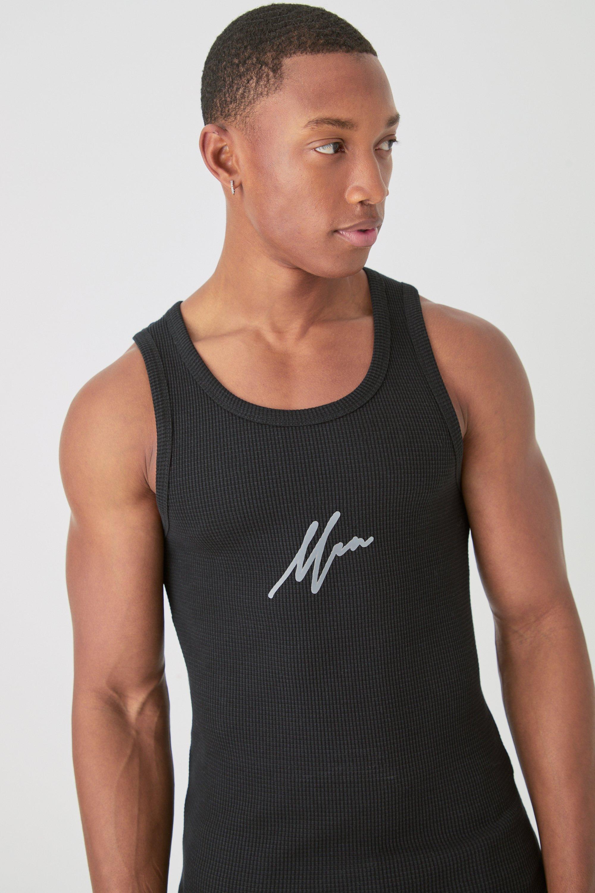 Mens Black Man Slim Waffle Printed Vest, Black