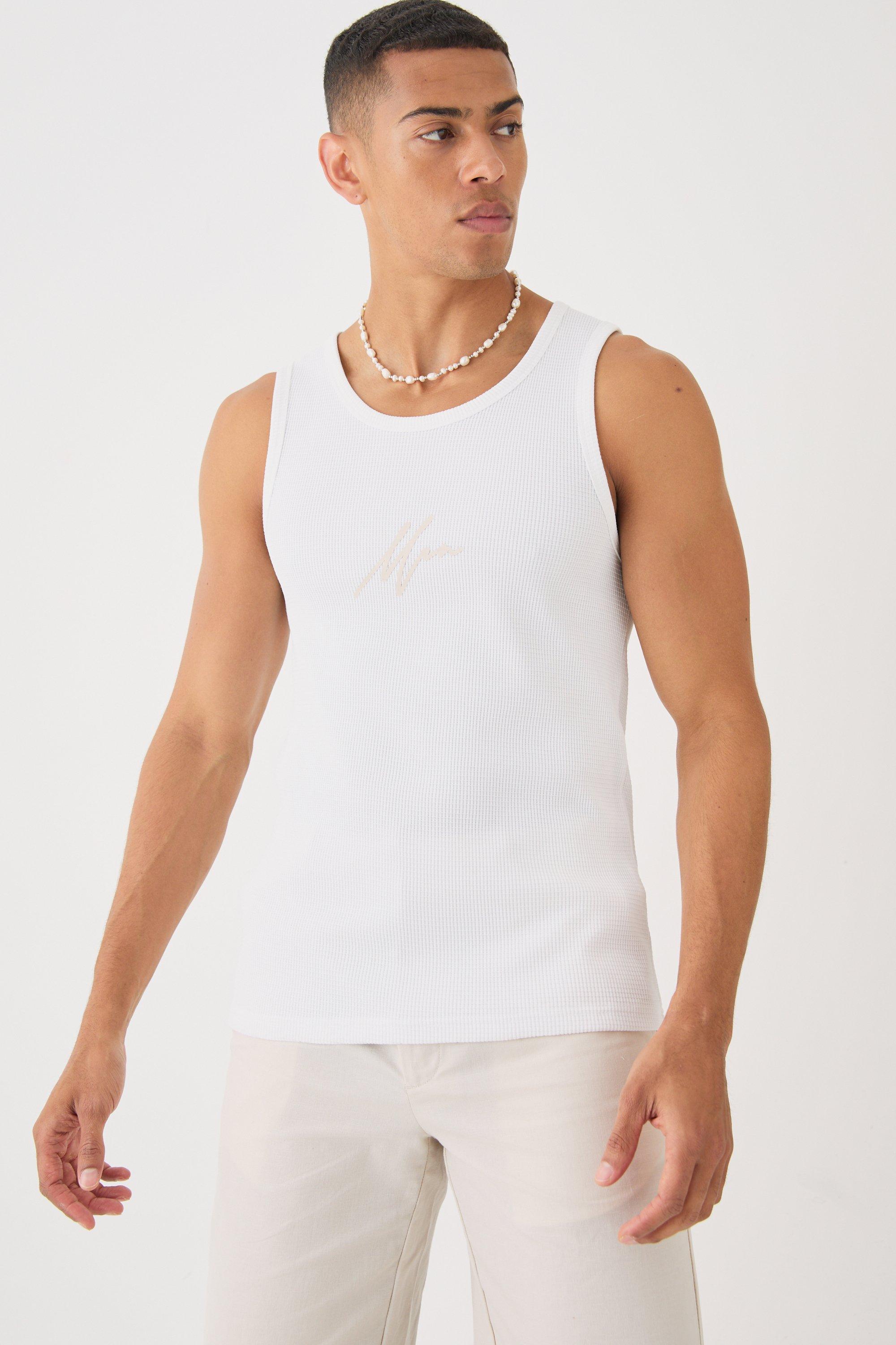 Image of Man Slim Waffle Embroidered Vest, Bianco