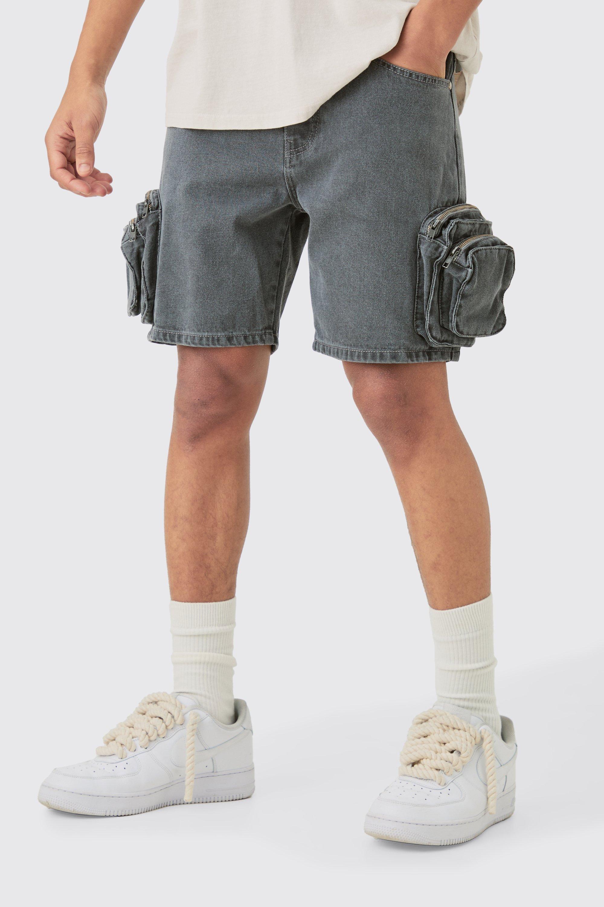 Image of Slim Fit 3d Cargo Pocket Denim Shorts In Light Grey, Grigio