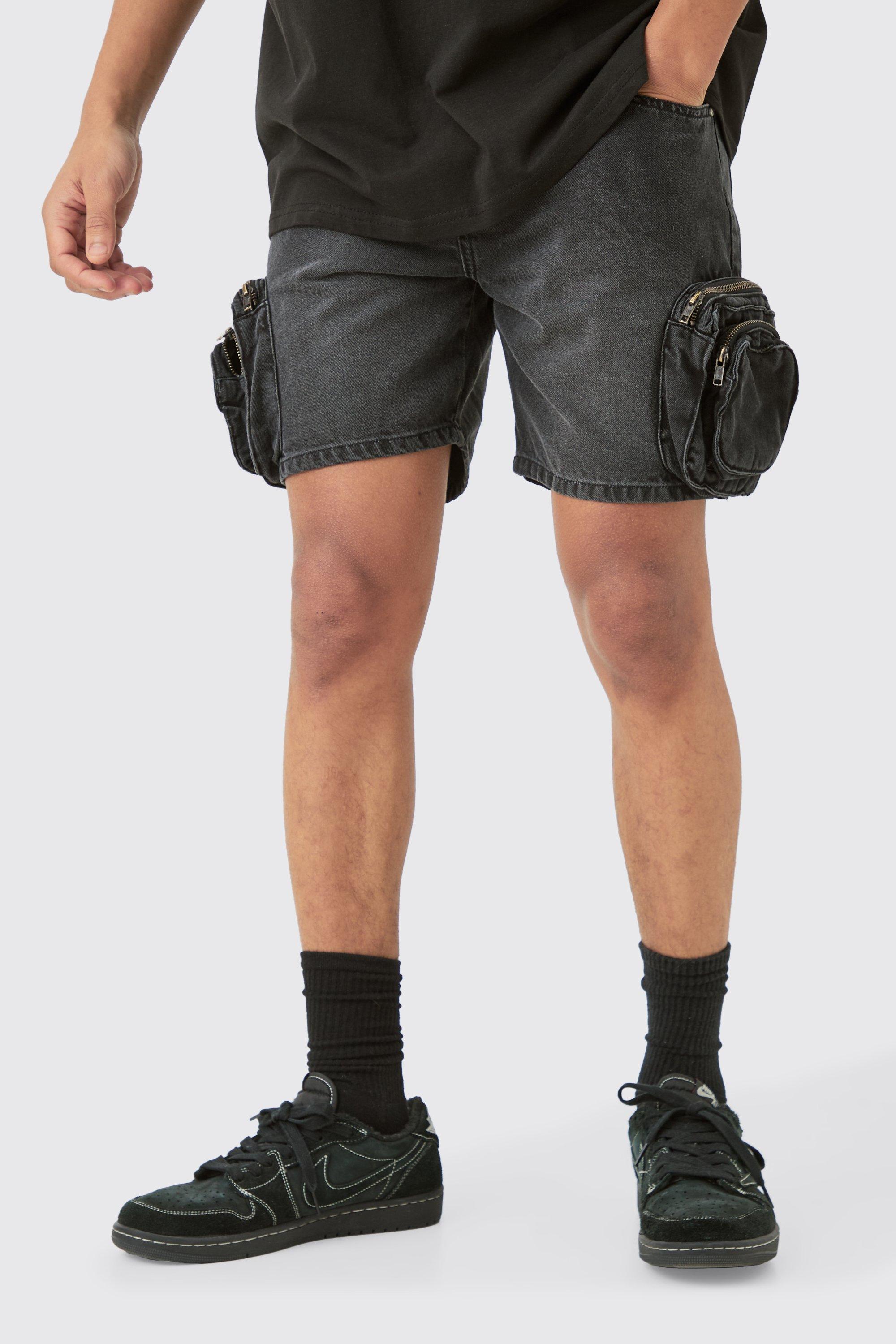 Image of Slim Fit 3d Cargo Pocket Denim Shorts In Washed Black, Nero