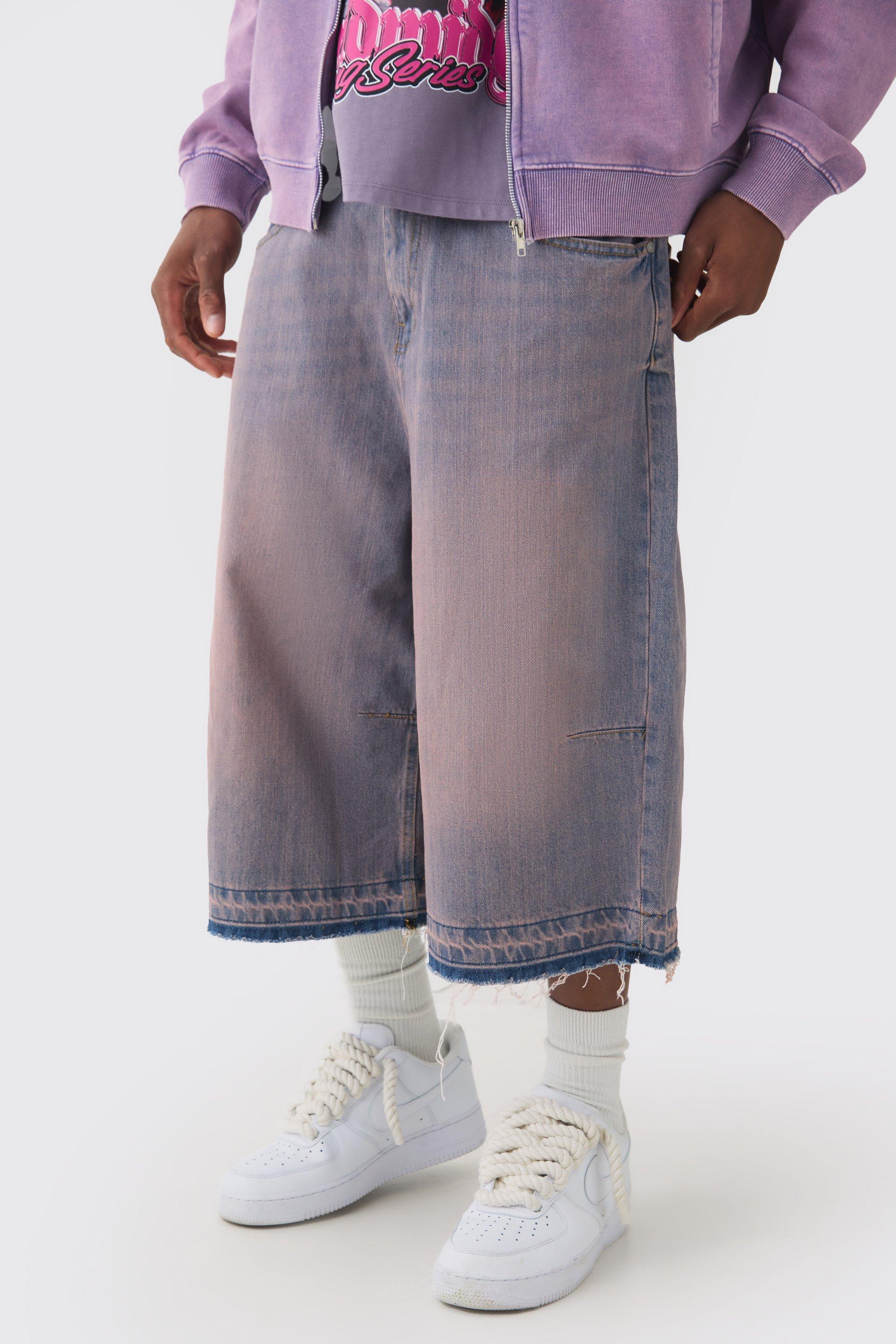 Mens Oversized Denim Jorts With Let Down Hem In Pink Tink, Pink