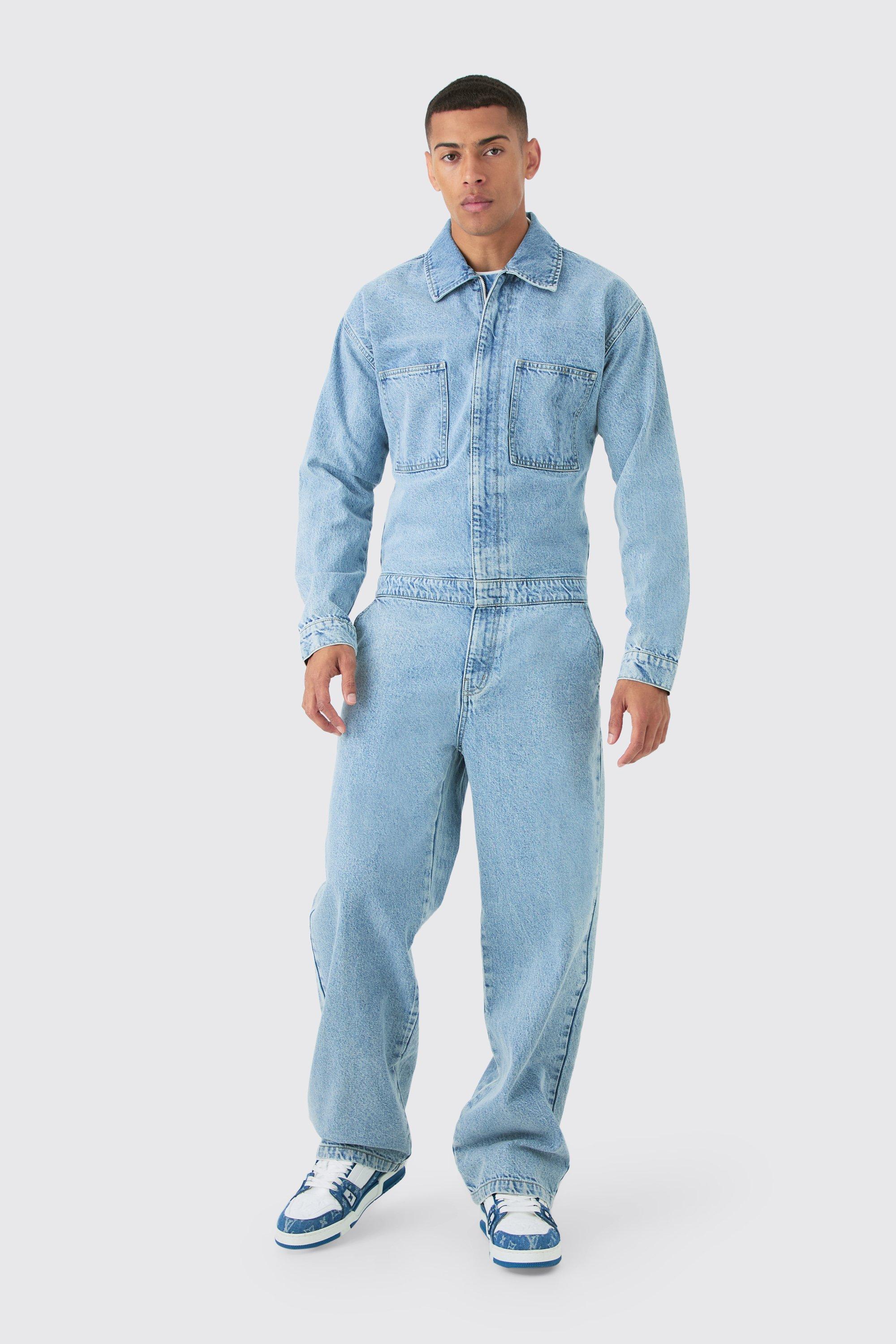 Tuta intera in denim rilassato a maniche lunghe in denim azzurro, Azzurro