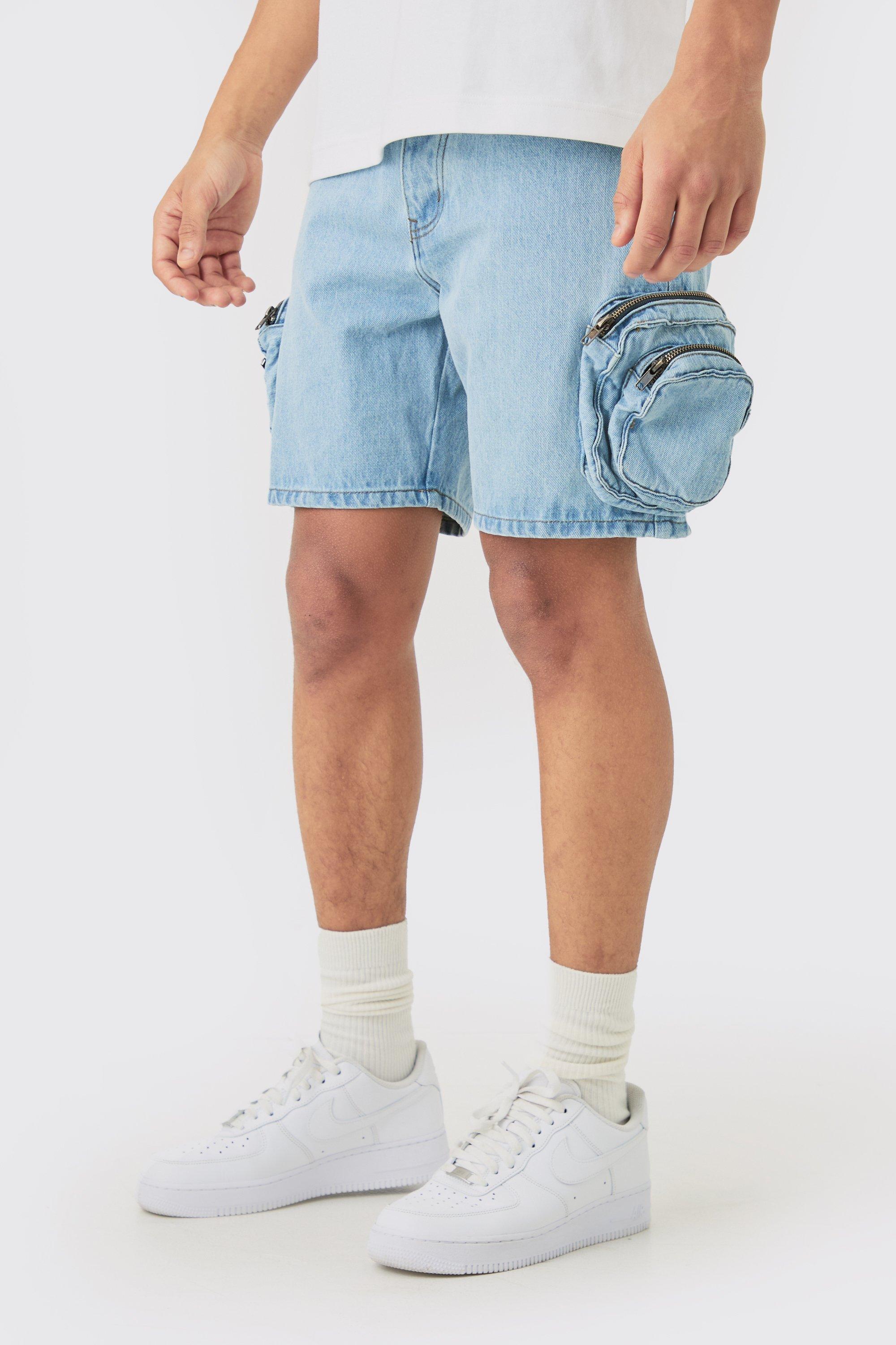 Image of Slim Fit 3d Cargo Pocket Denim Shorts In Light Blue, Azzurro