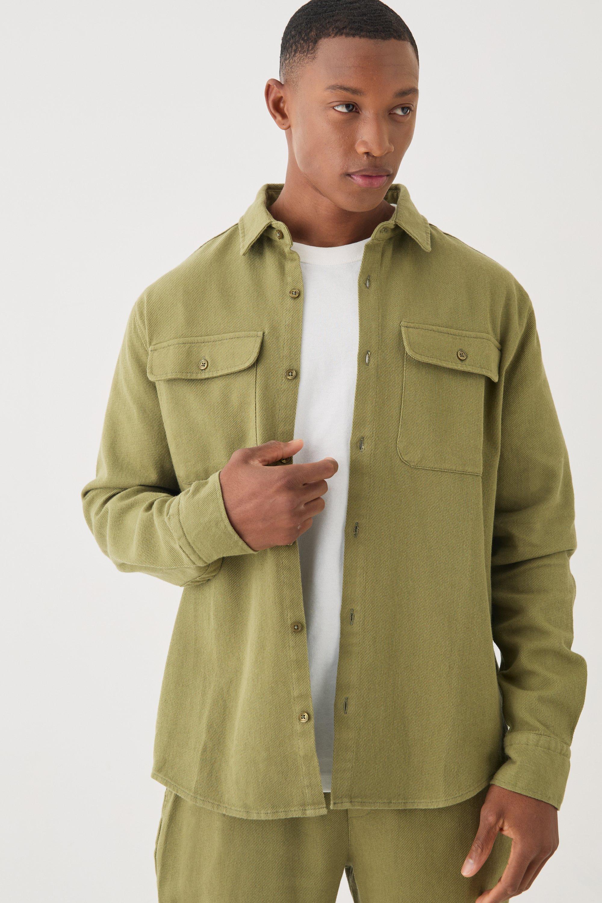 Mens Green Textured Button Through Overshirt, Green