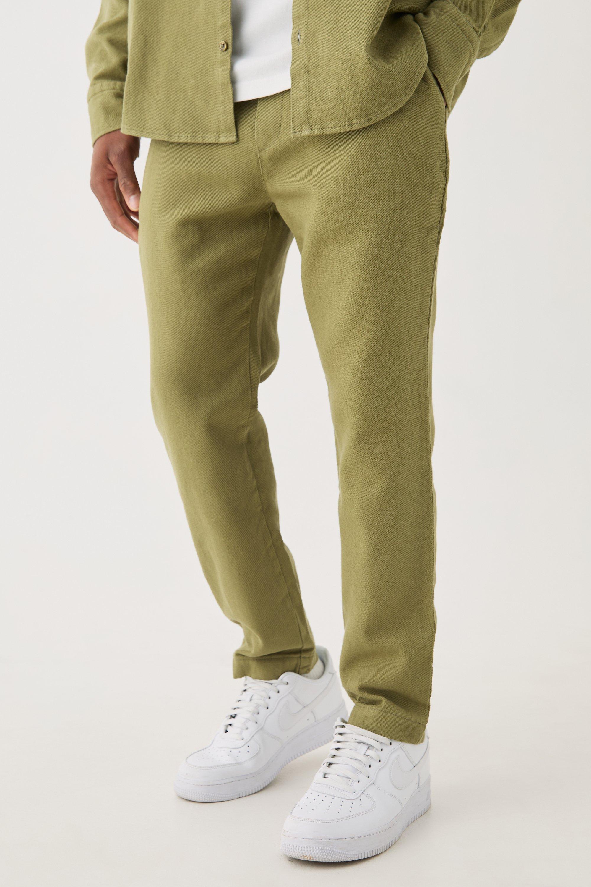 Mens Green Textured Elasticated Waist Straight Fit Trousers, Green