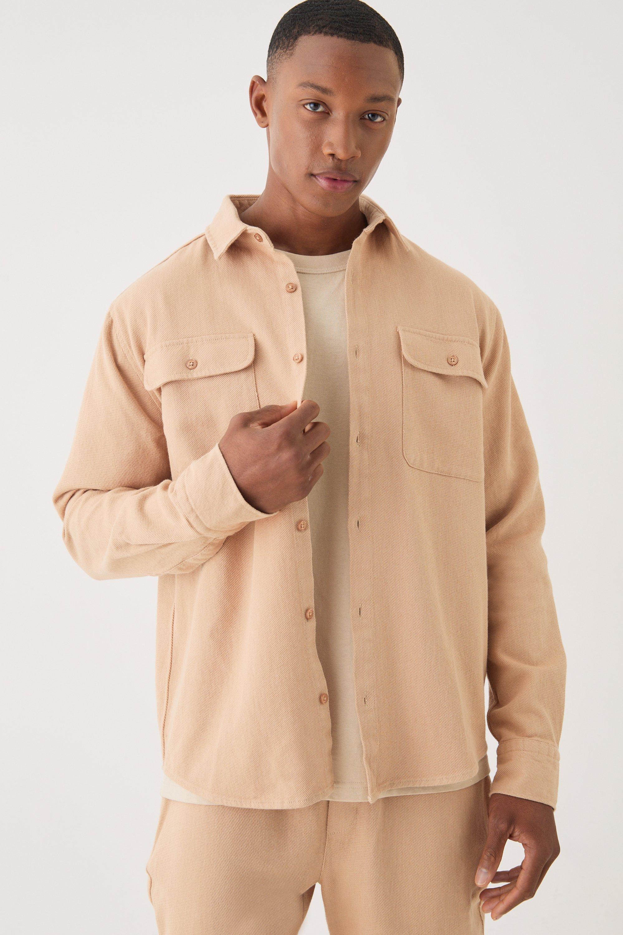 Mens Beige Textured Button Through Overshirt, Beige