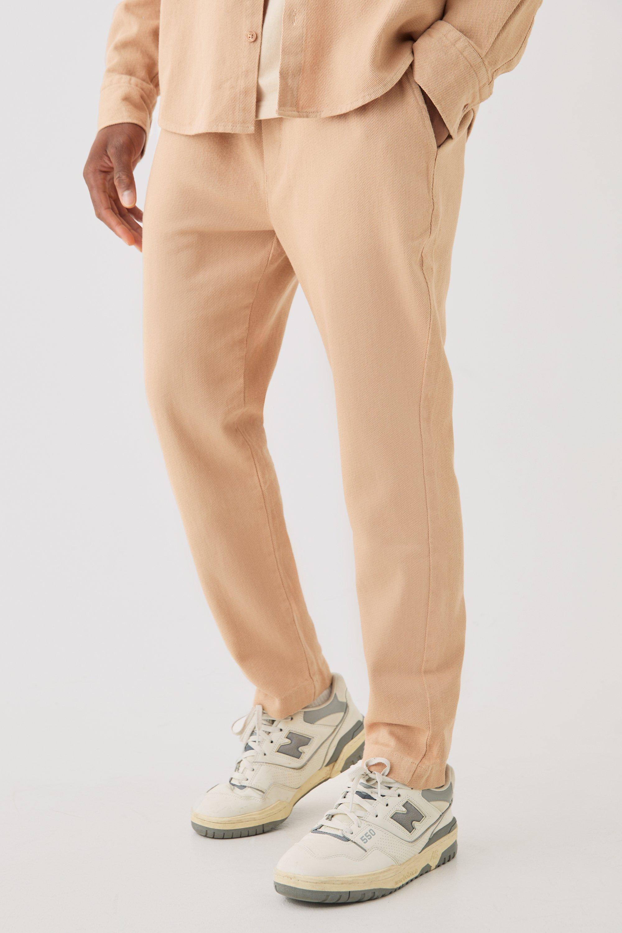 Image of Textured Elasticated Waist Straight Fit Trousers, Beige