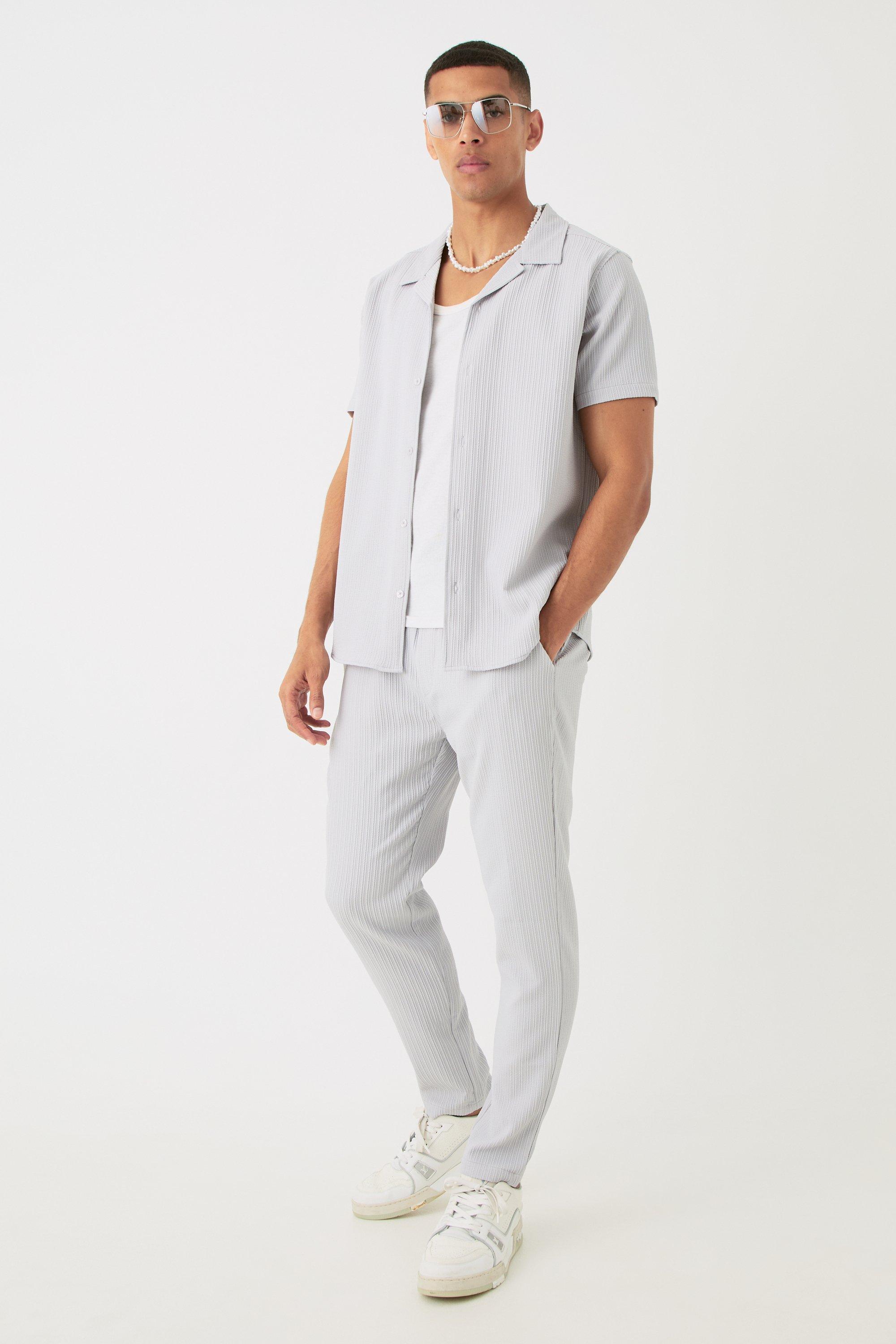 Image of Seersucker Revere Collar Shirt & Trouser Set, Grigio