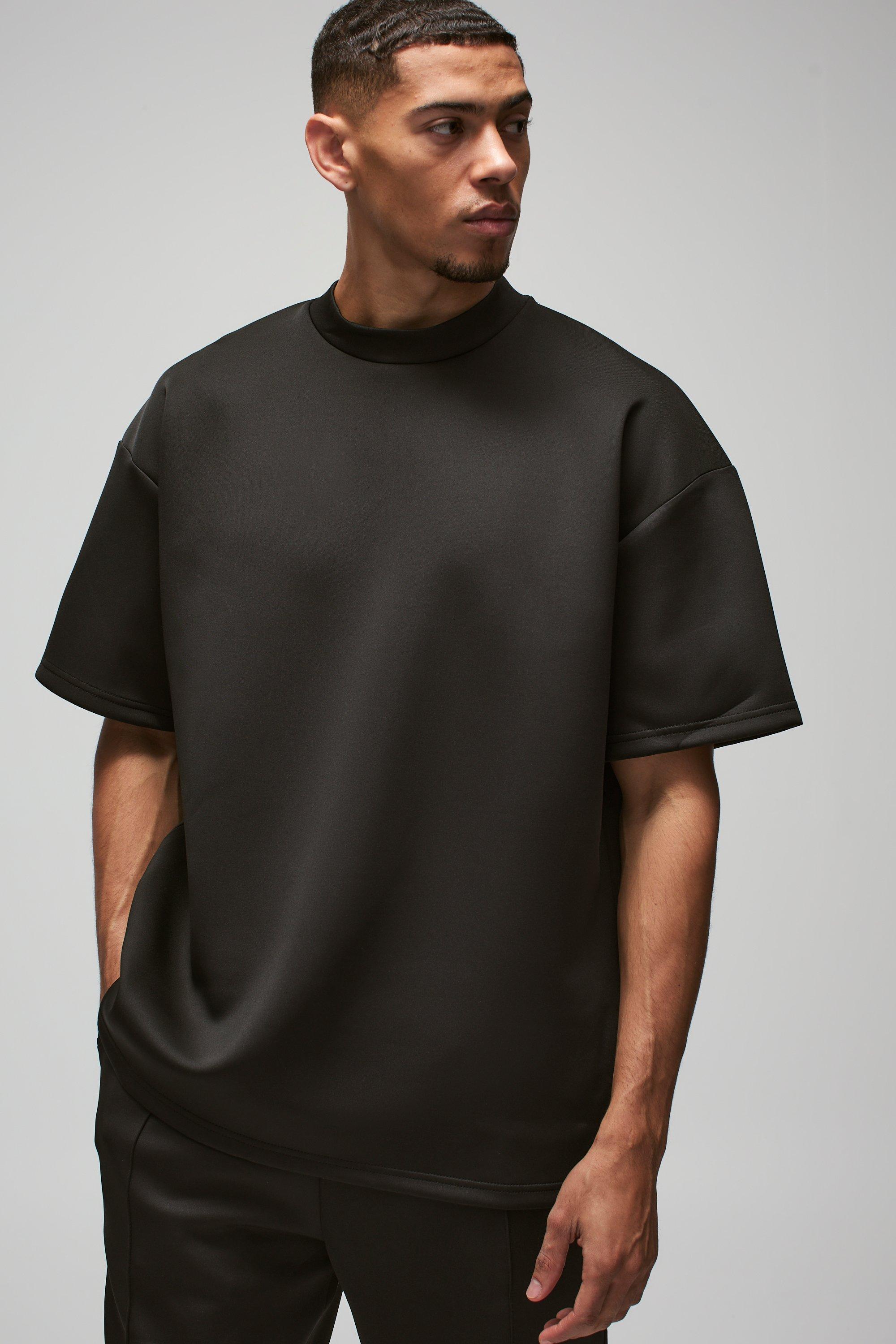 Mens Black Oversized Extended Neck Scuba T-shirt, Black